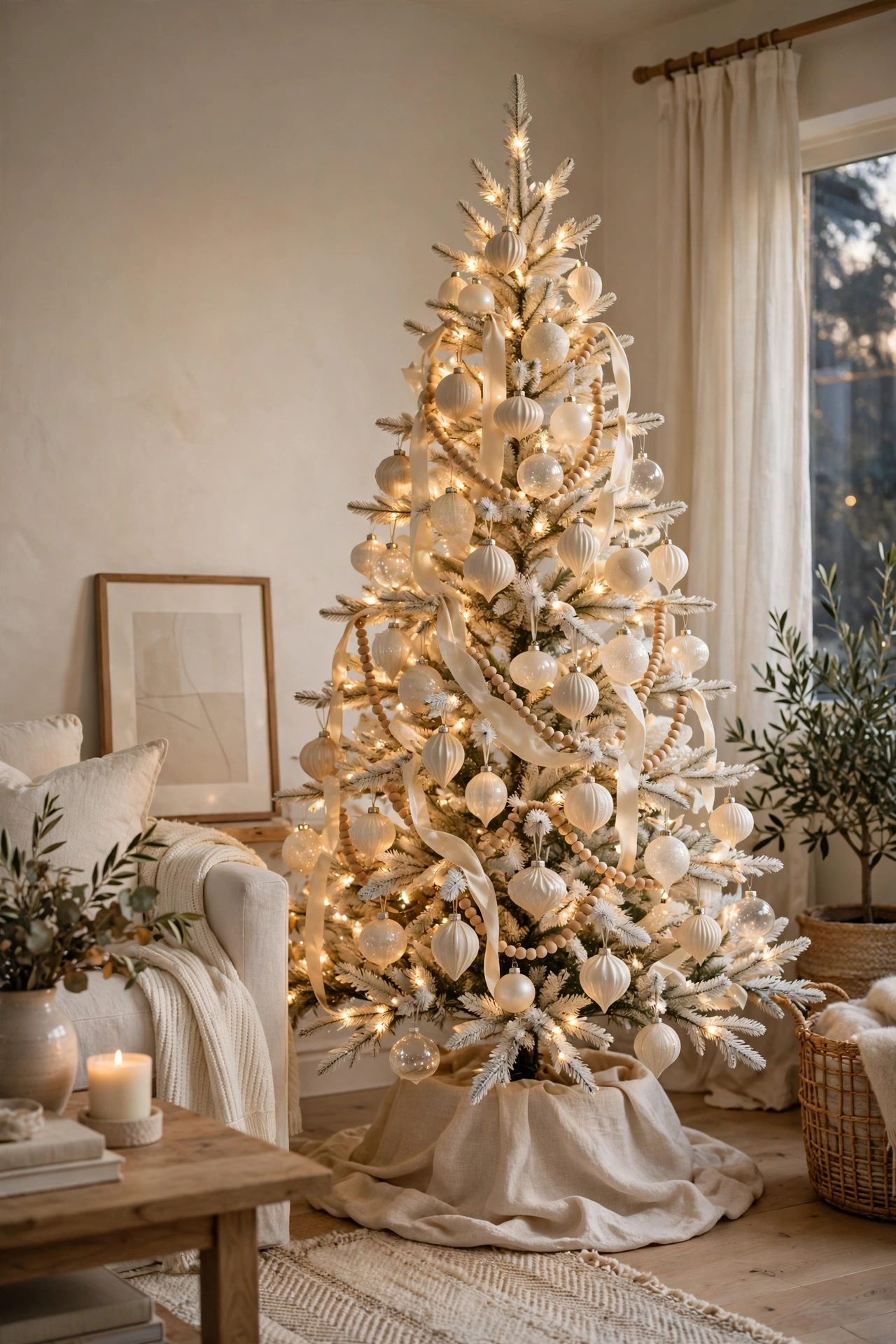 Cream and ivory layered Christmas tree with soft lights