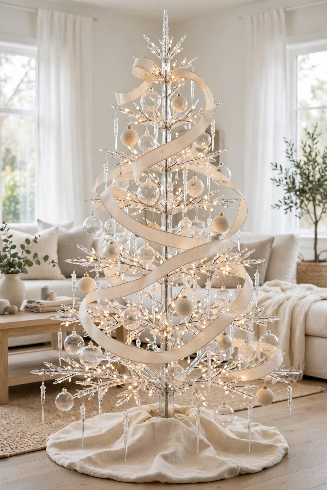Cream ribbon and clear glass airy Christmas tree