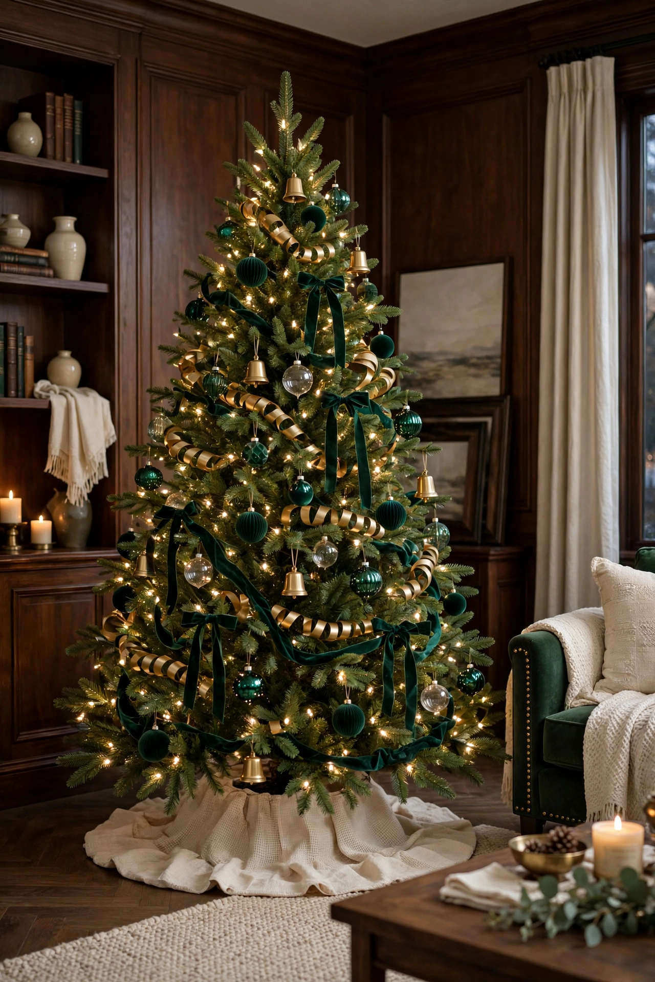 Emerald and brass Christmas tree with deep green ornaments