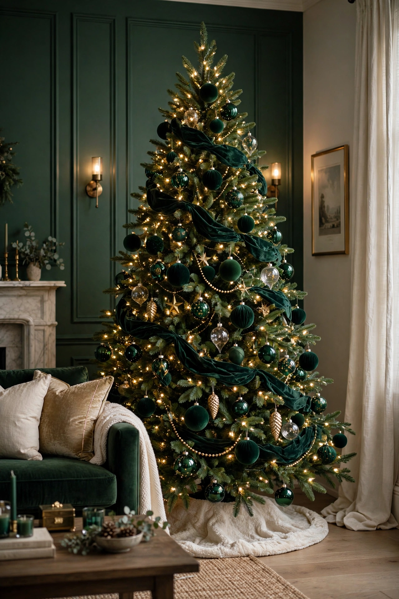 Emerald and velvet luxe Christmas tree with deep green ornaments