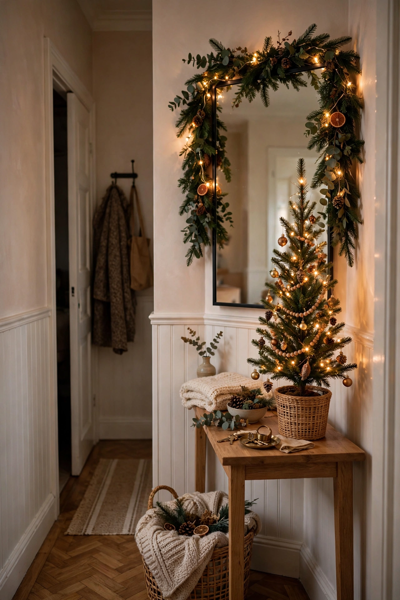 Entryway console Christmas tree in a tiny hallway