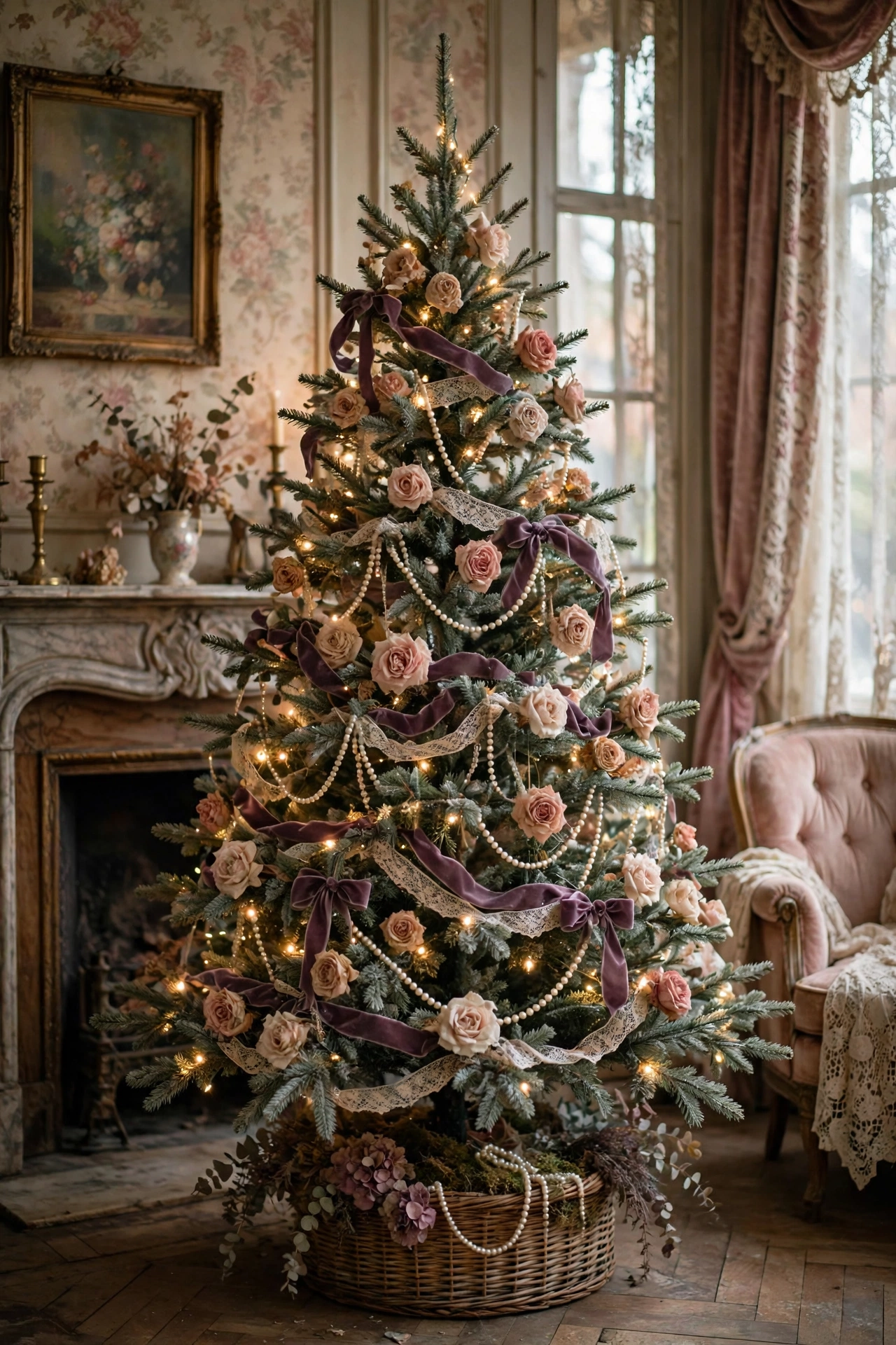 Faded floral and ribbon romance vintage Christmas tree