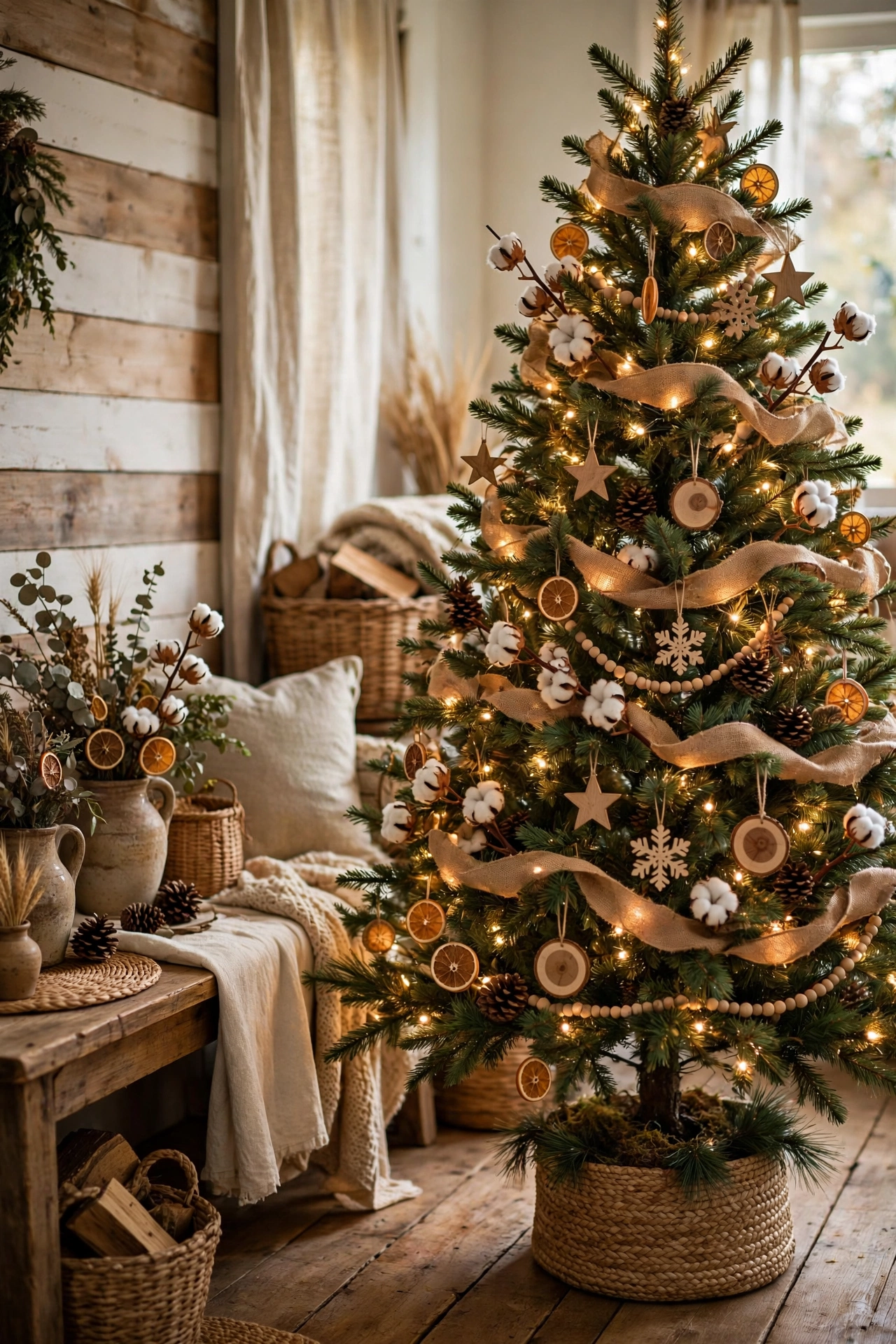Farmhouse vintage Christmas tree with burlap and wood