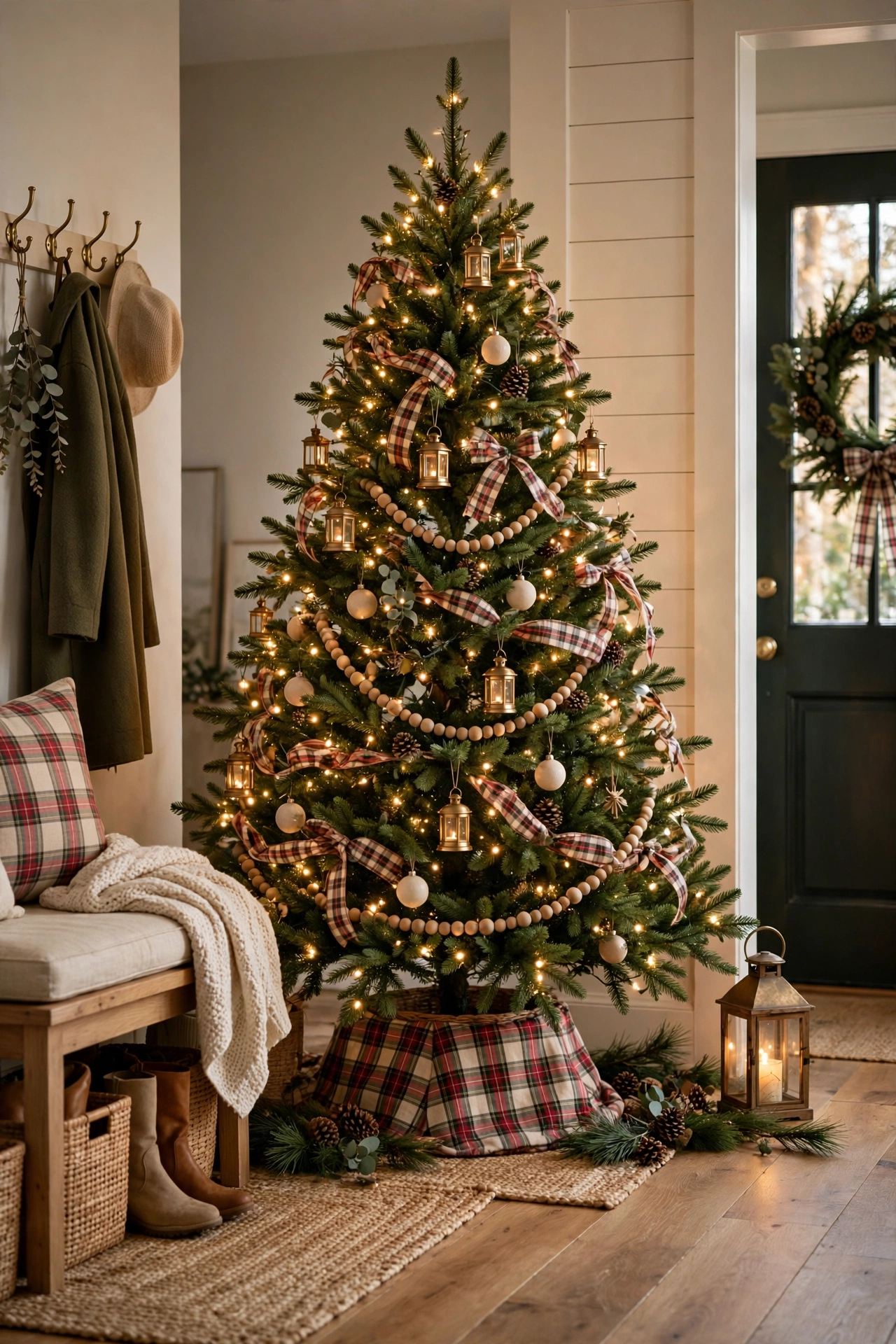 Christmas tree with lanterns and pine with warm glow