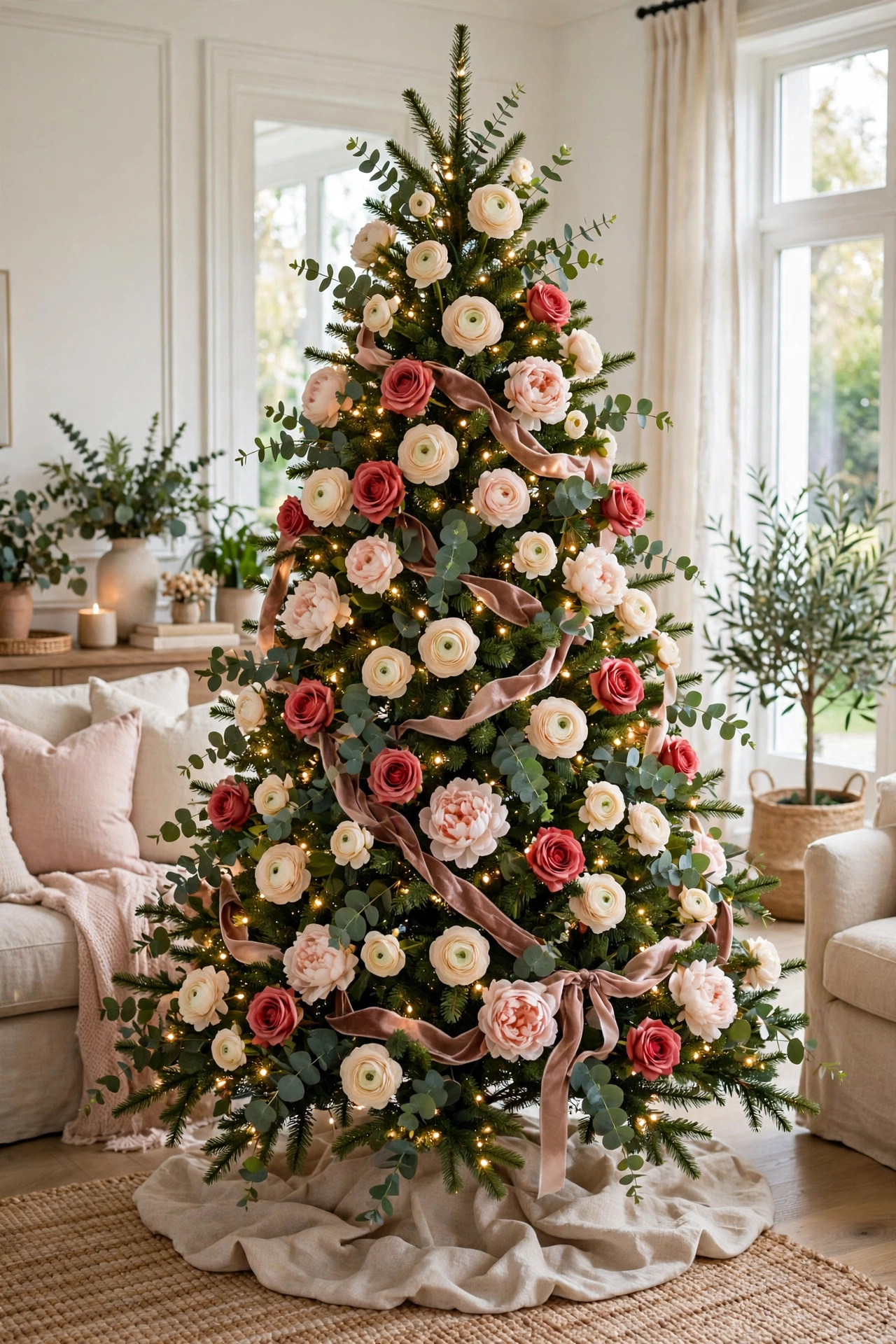 Floral garden Christmas tree with flowers and greenery