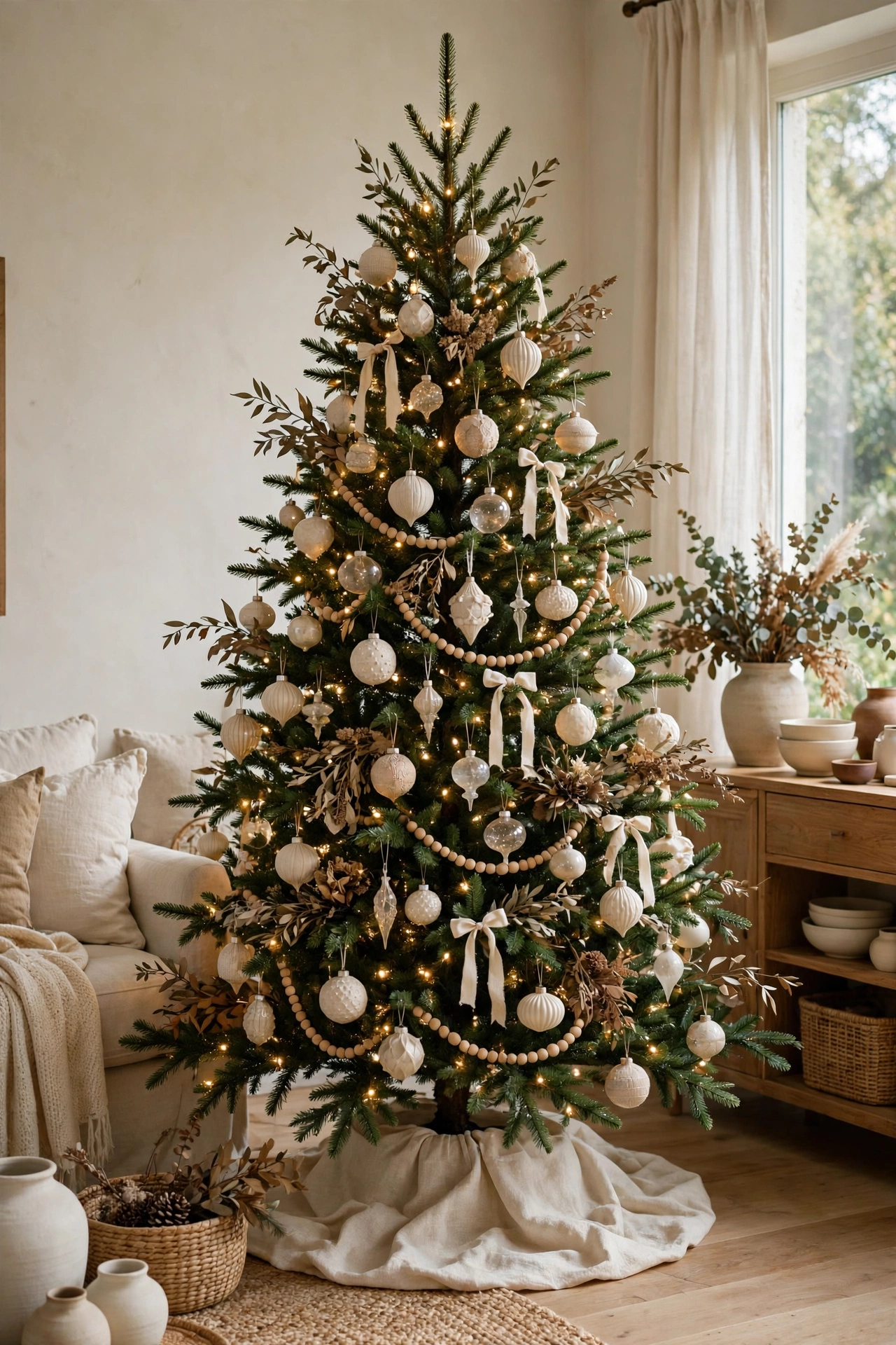 Forest green and cream Christmas tree with natural ornaments