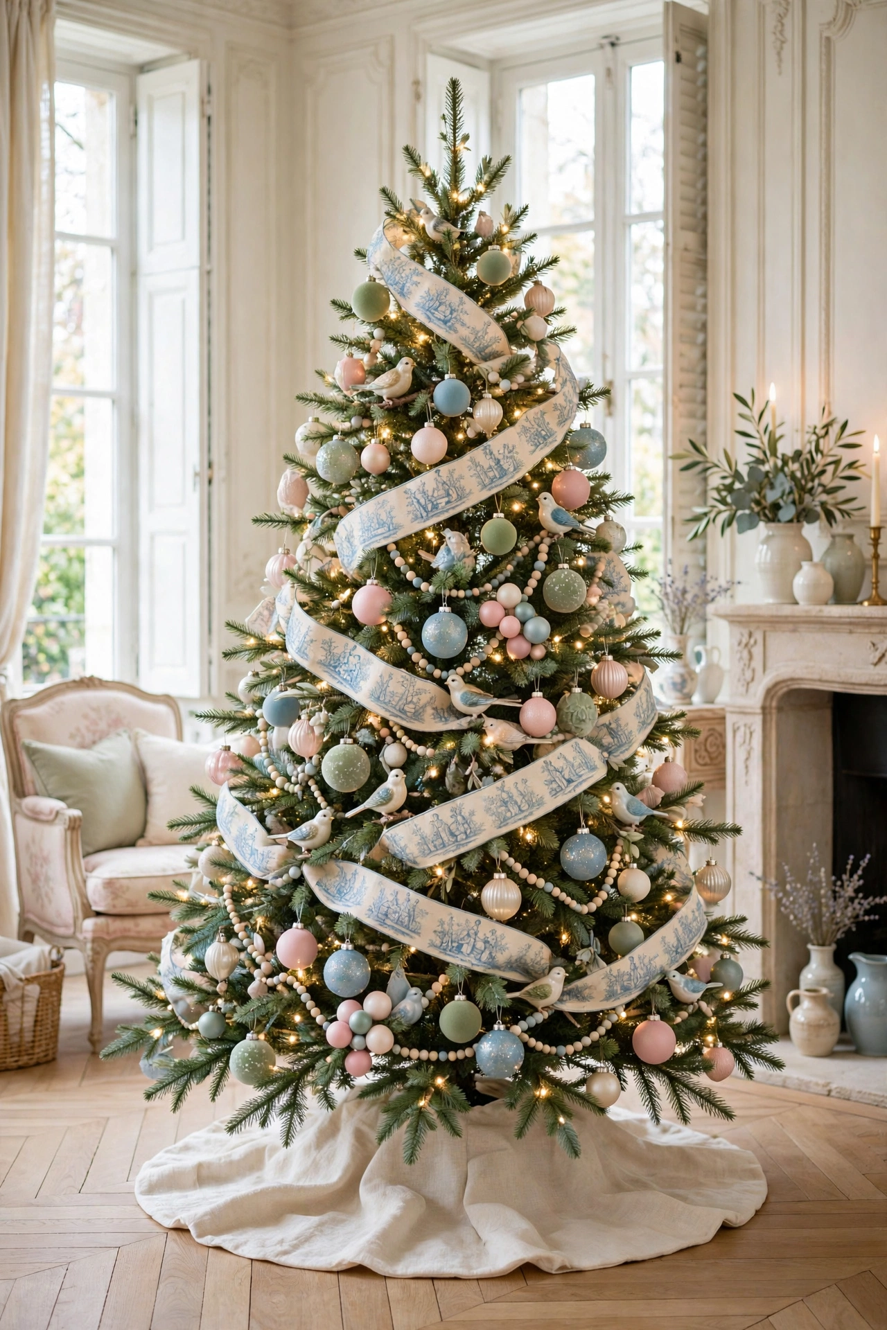 French Provincial pastel Christmas tree with soft ornaments