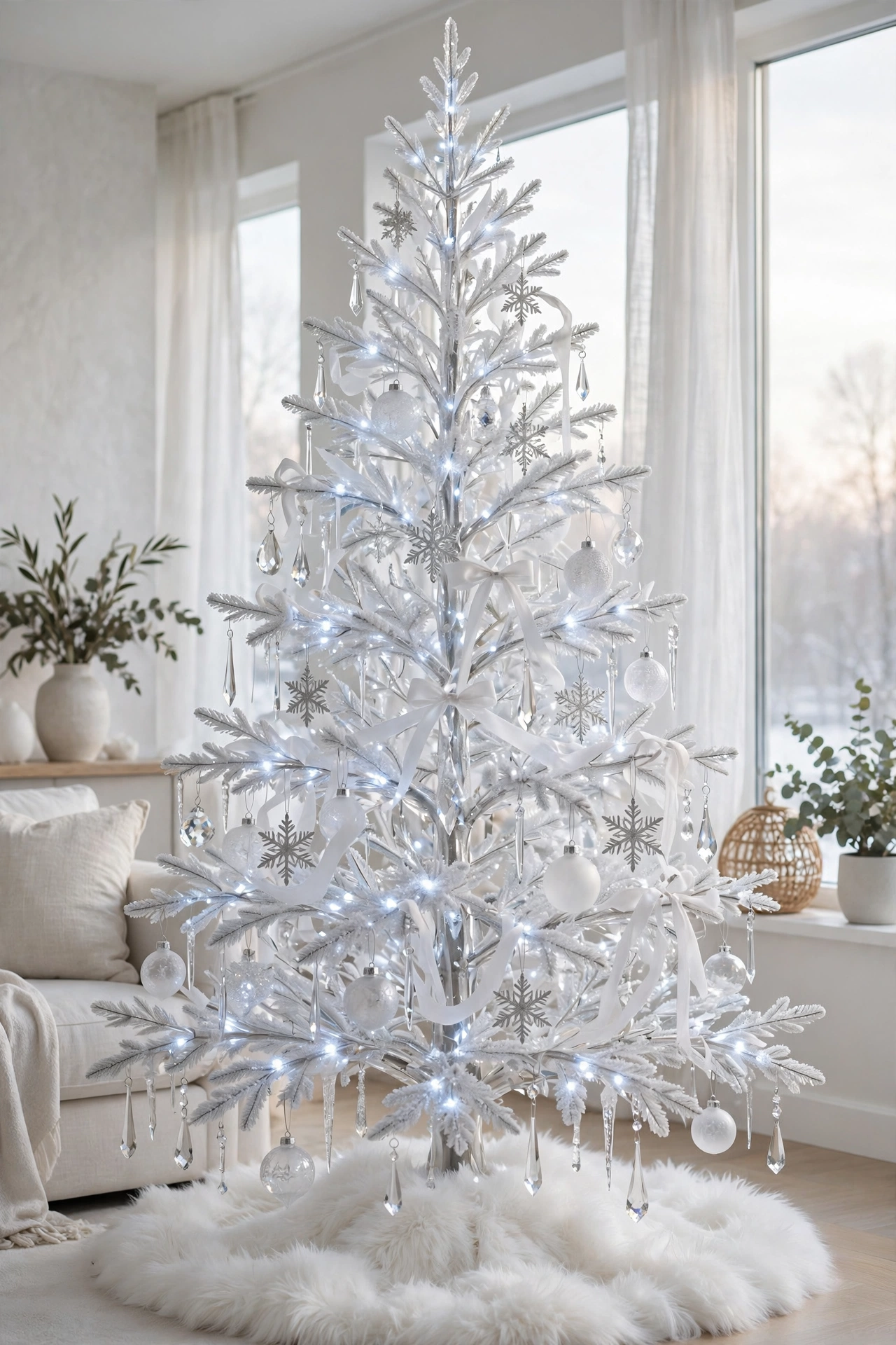 Frosted crystal Christmas tree with sparkling ornaments