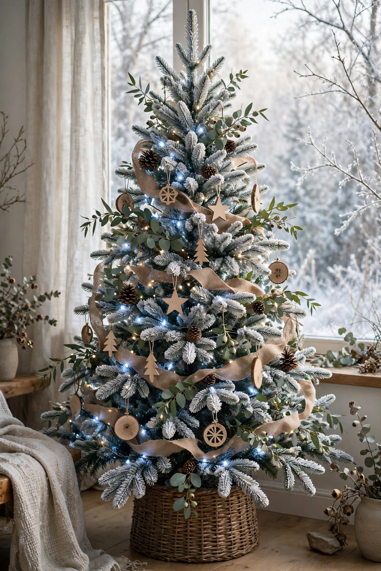 Frosted winter woodland Christmas tree with pinecones and burlap ribbon
