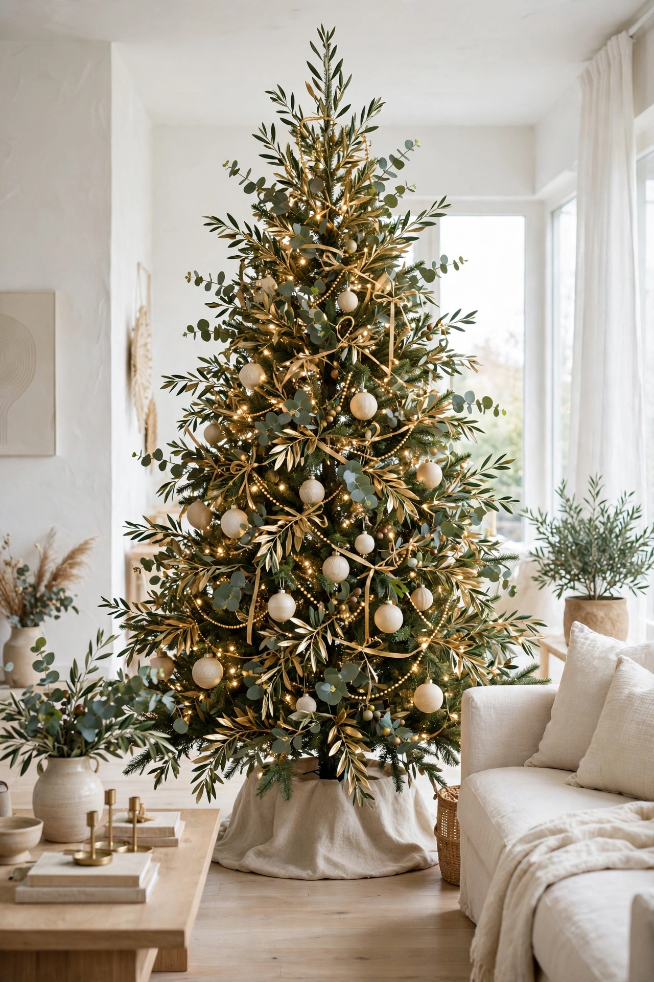 Gilded botanical Christmas tree with eucalyptus and gold accents