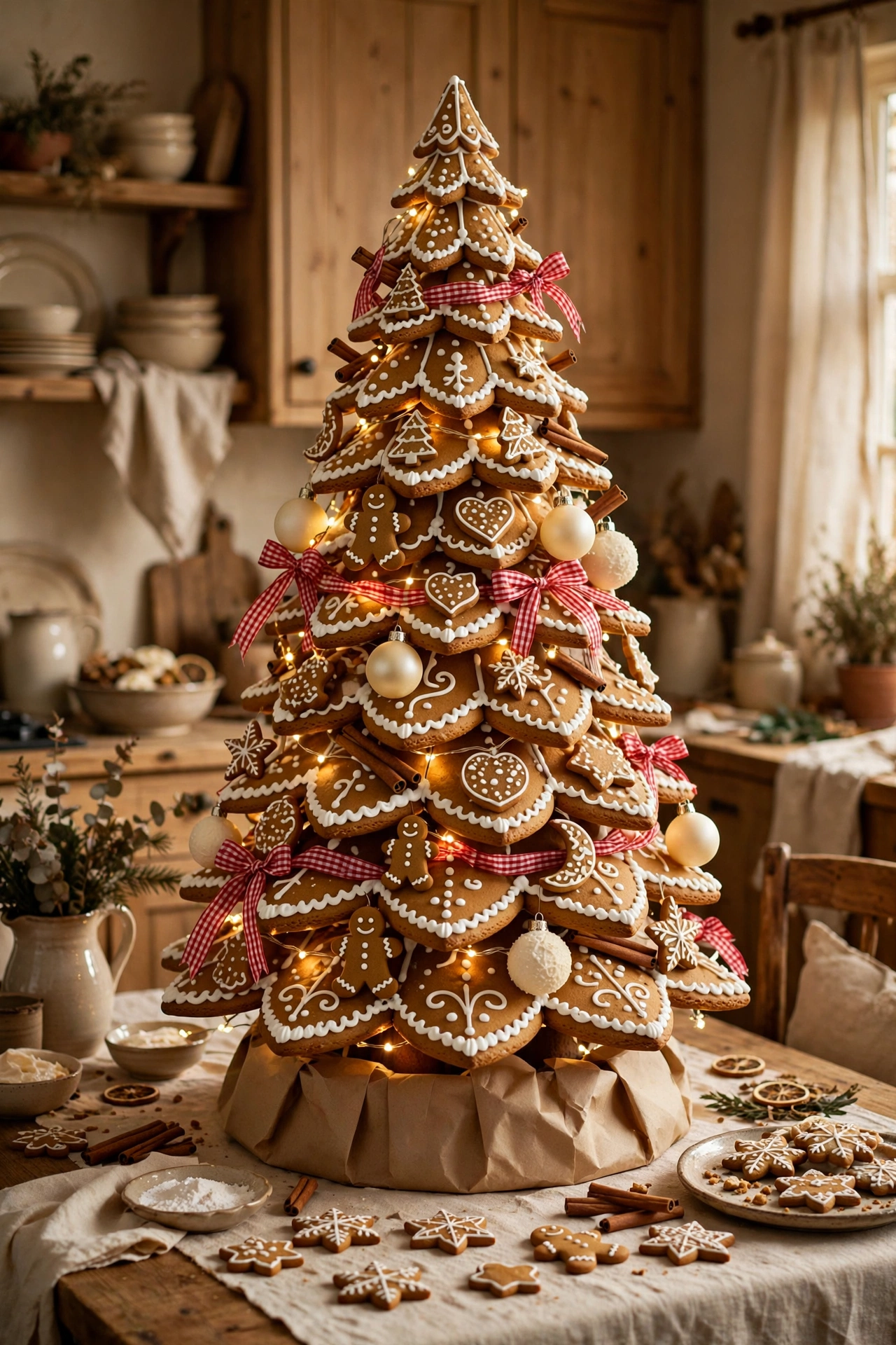 Gingerbread Christmas tree with warm brown and cream ornaments