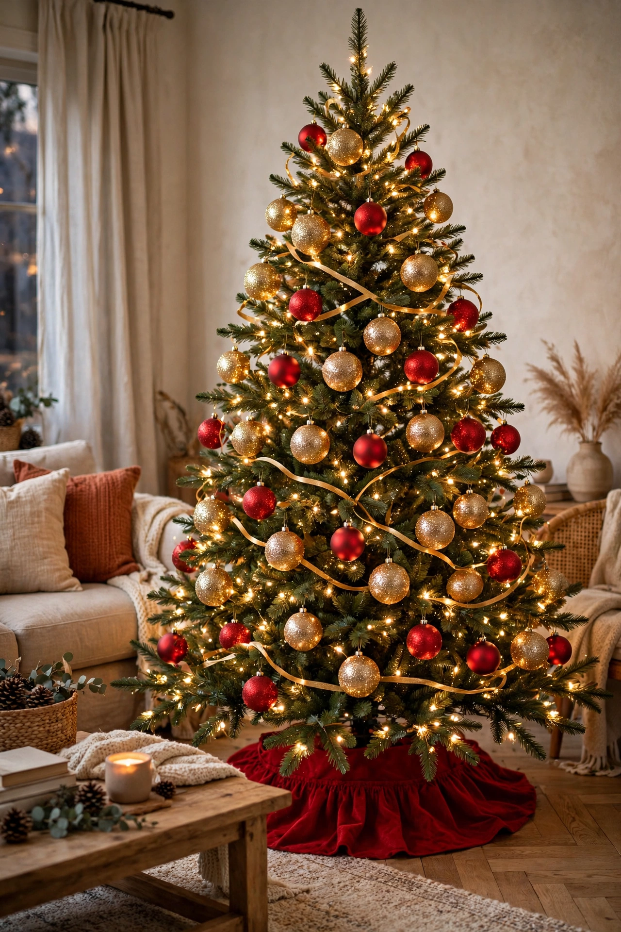 Glitter gold and matte red Christmas tree