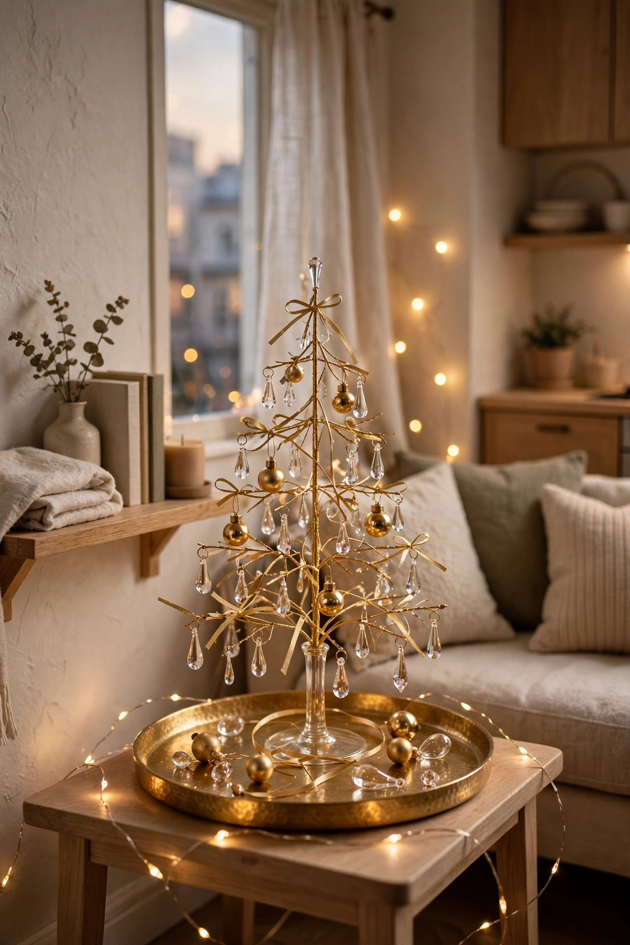 Gold and glass mini Christmas tree in a tiny apartment