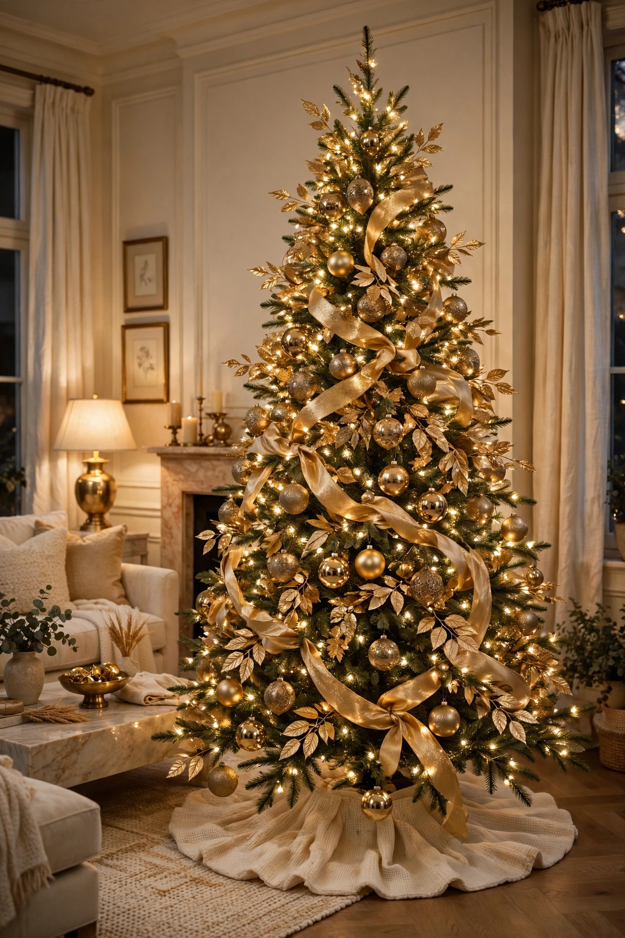 Gold leaf glamour Christmas tree with gilded ornaments