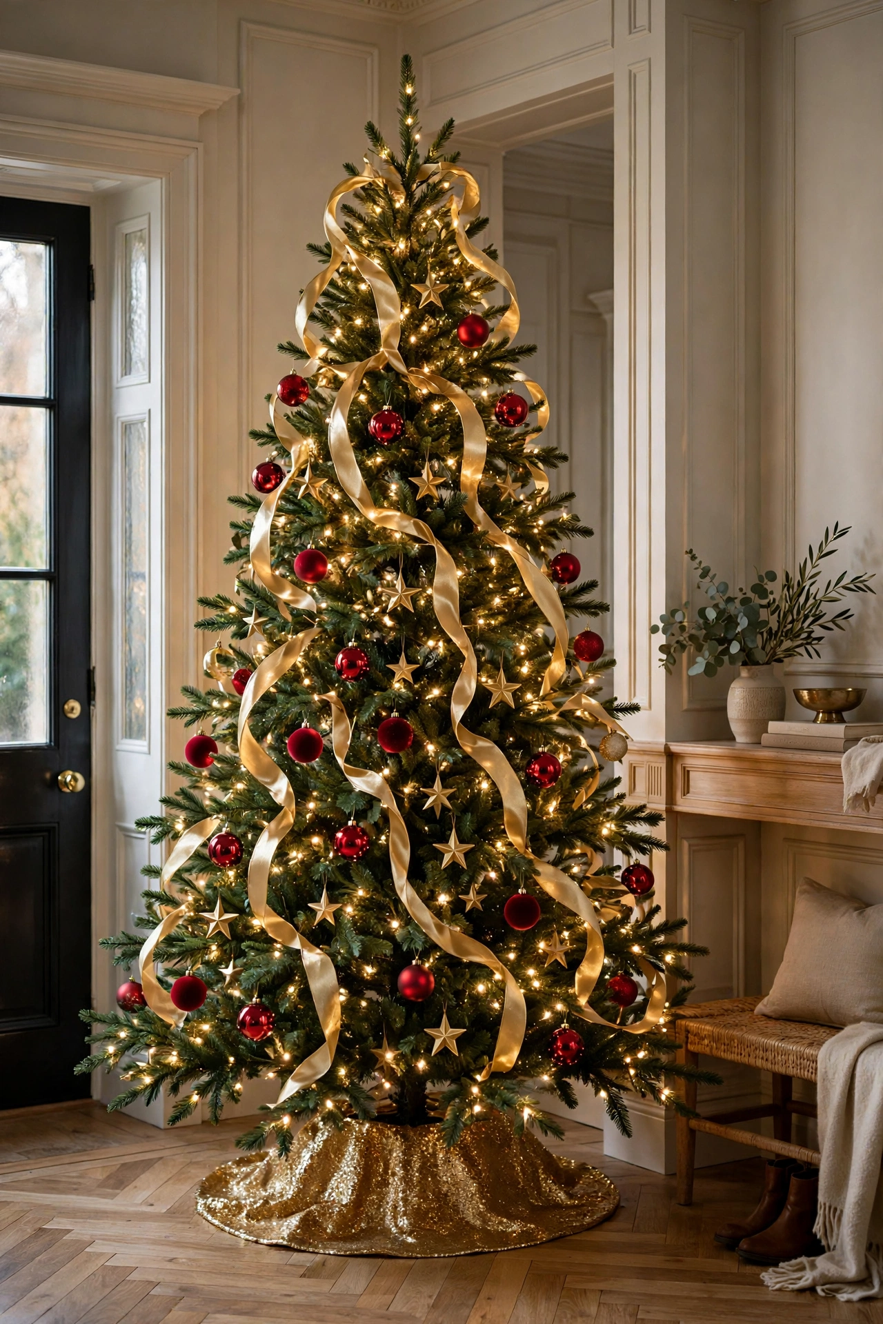 Gold ribbon cascades with red baubles on a Christmas tree