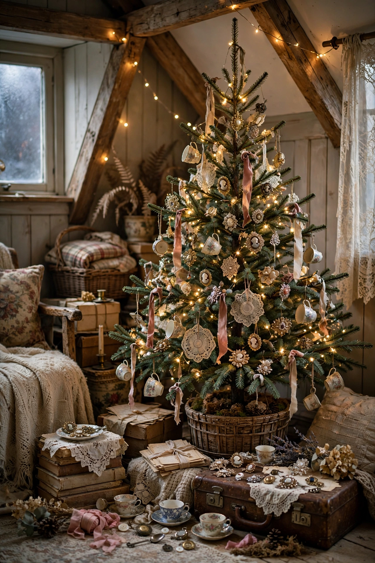 Grandma's attic treasure tree with vintage keepsakes