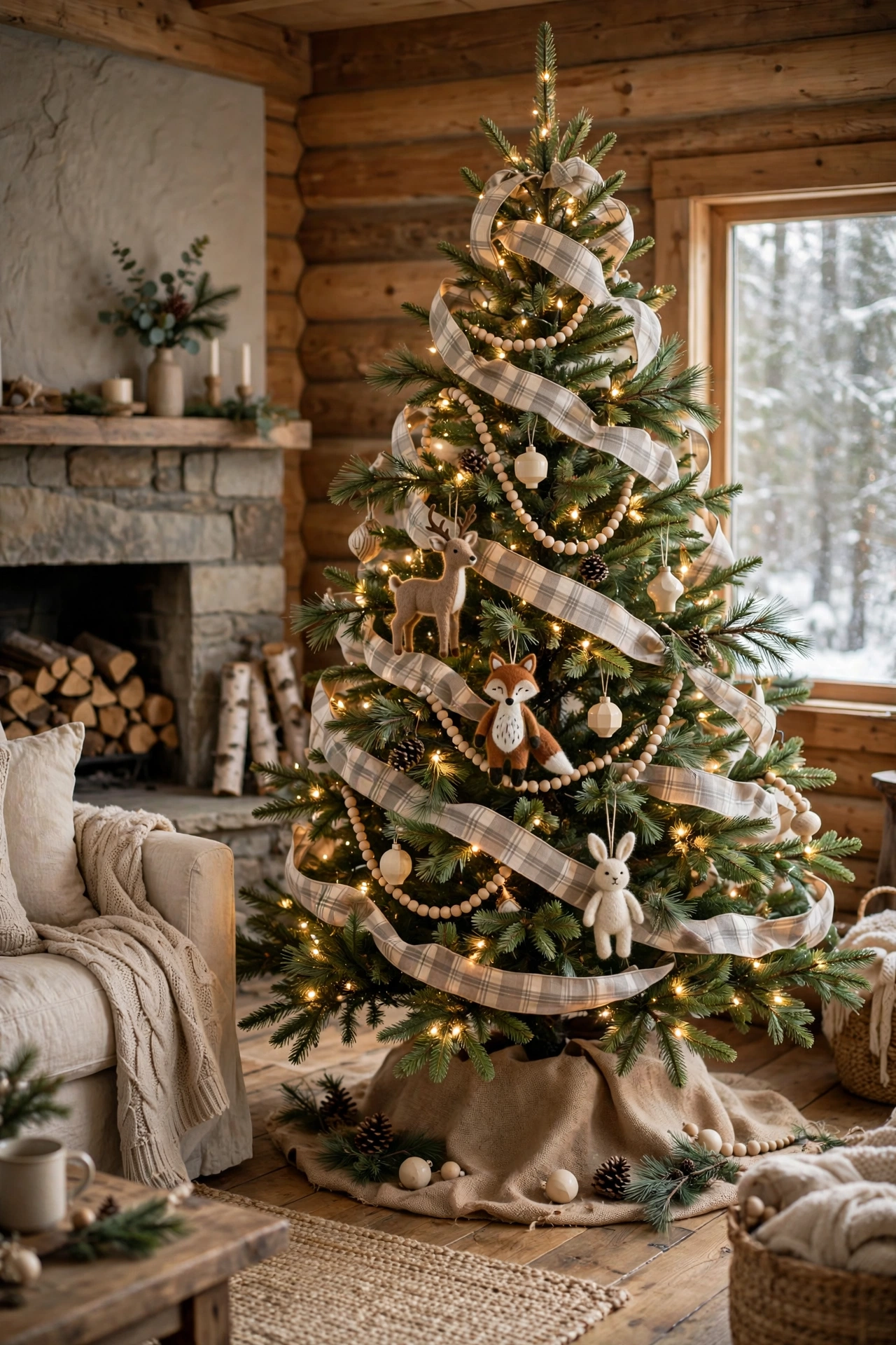 Greige plaid Christmas tree with pinecones
