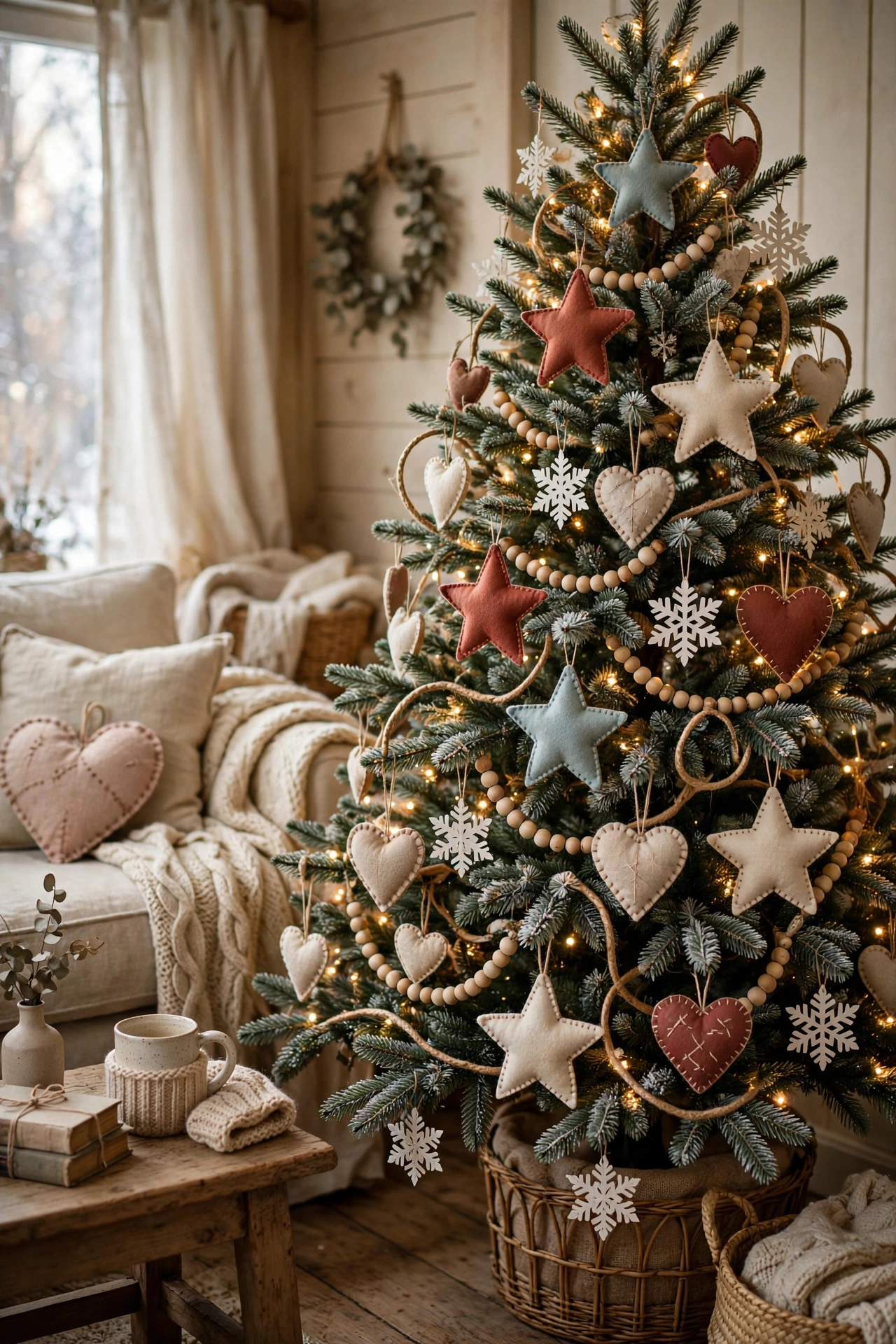 Handmade felt and paper ornaments on a vintage Christmas tree