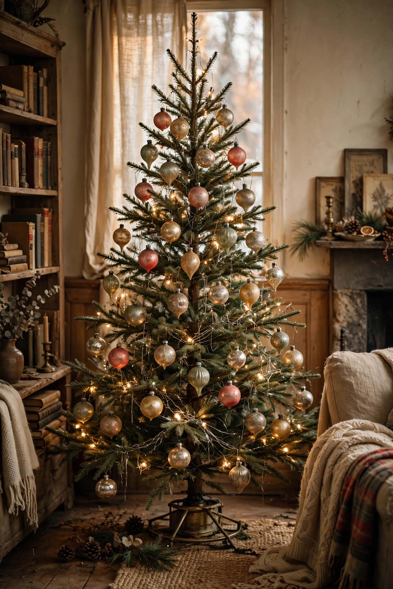 Heirloom glass ornaments on a vintage Christmas tree