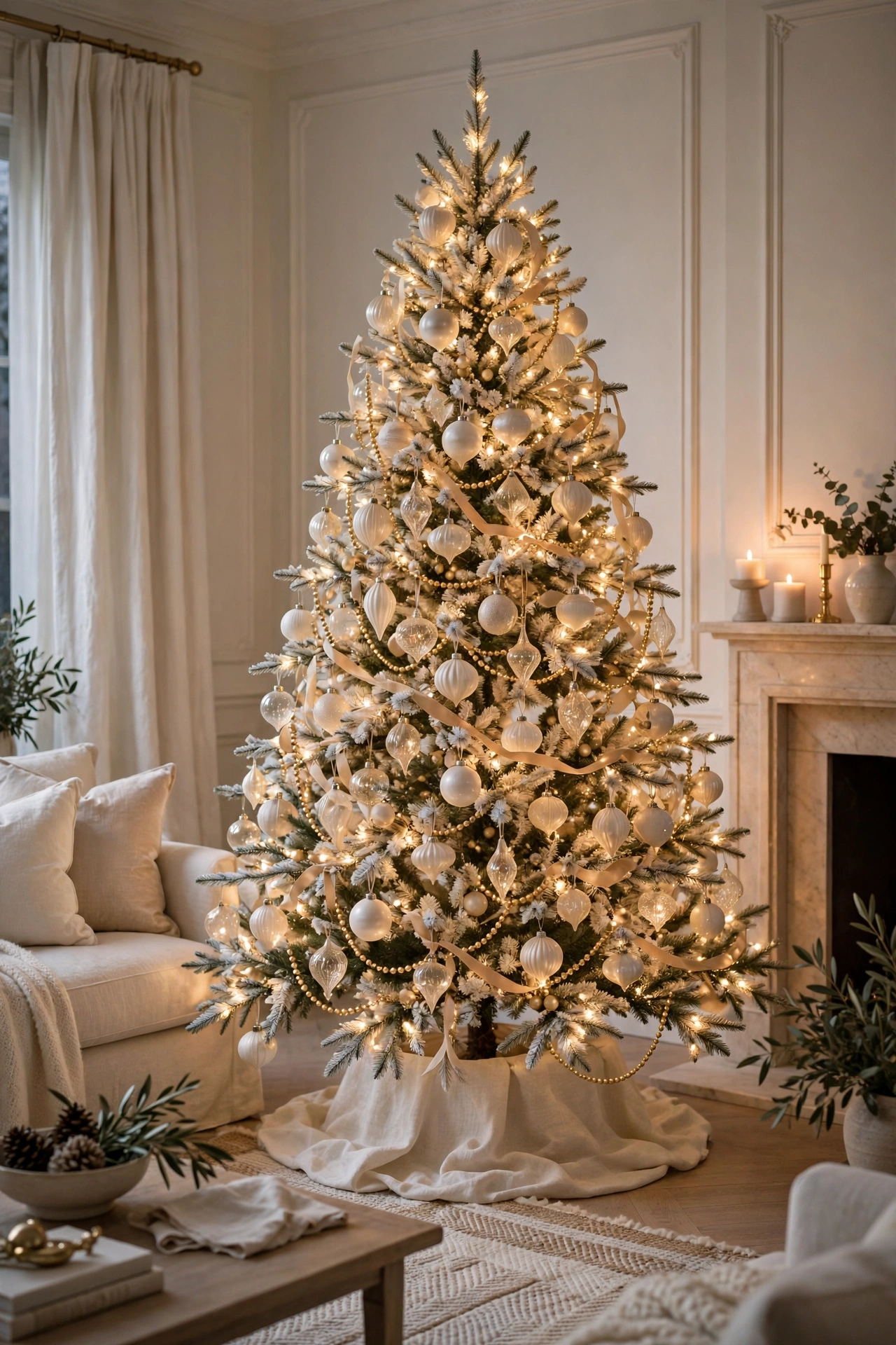 Ivory and champagne Christmas tree with elegant ornaments and warm lights