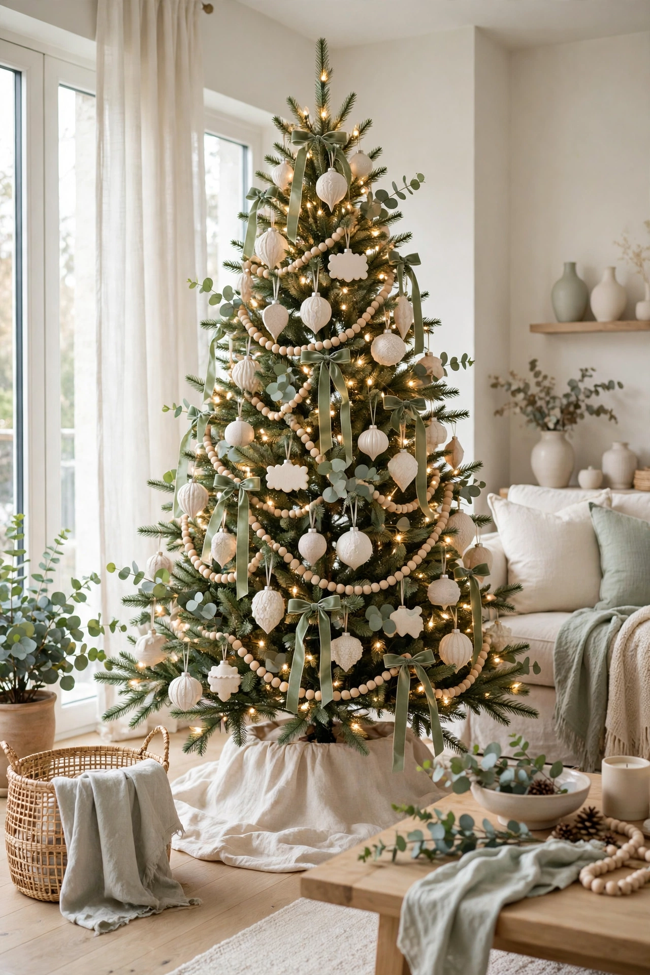 Ivory and soft sage Christmas tree with gentle green accents