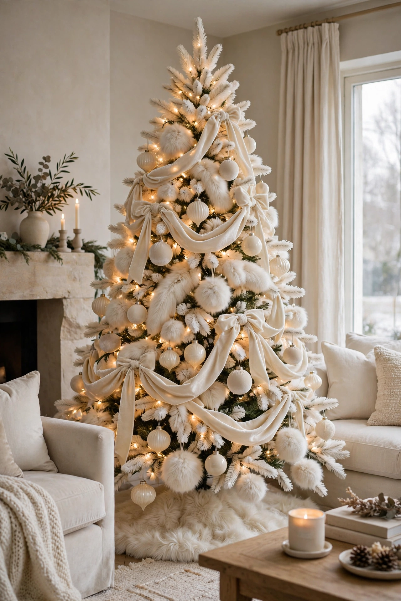 Ivory velvet and faux fur luxe Christmas tree