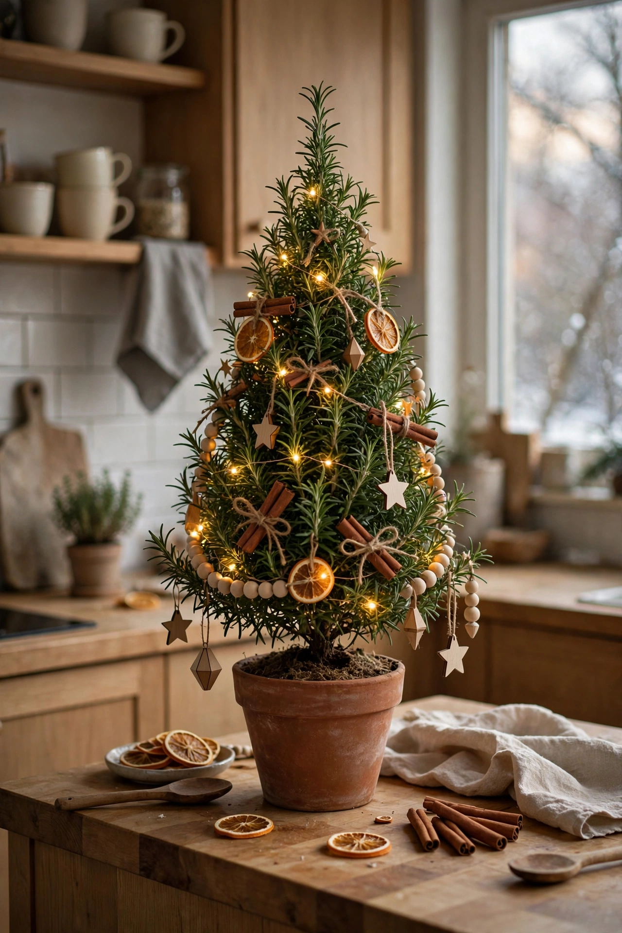 Kitchen counter herb Christmas tree in a tiny kitchen