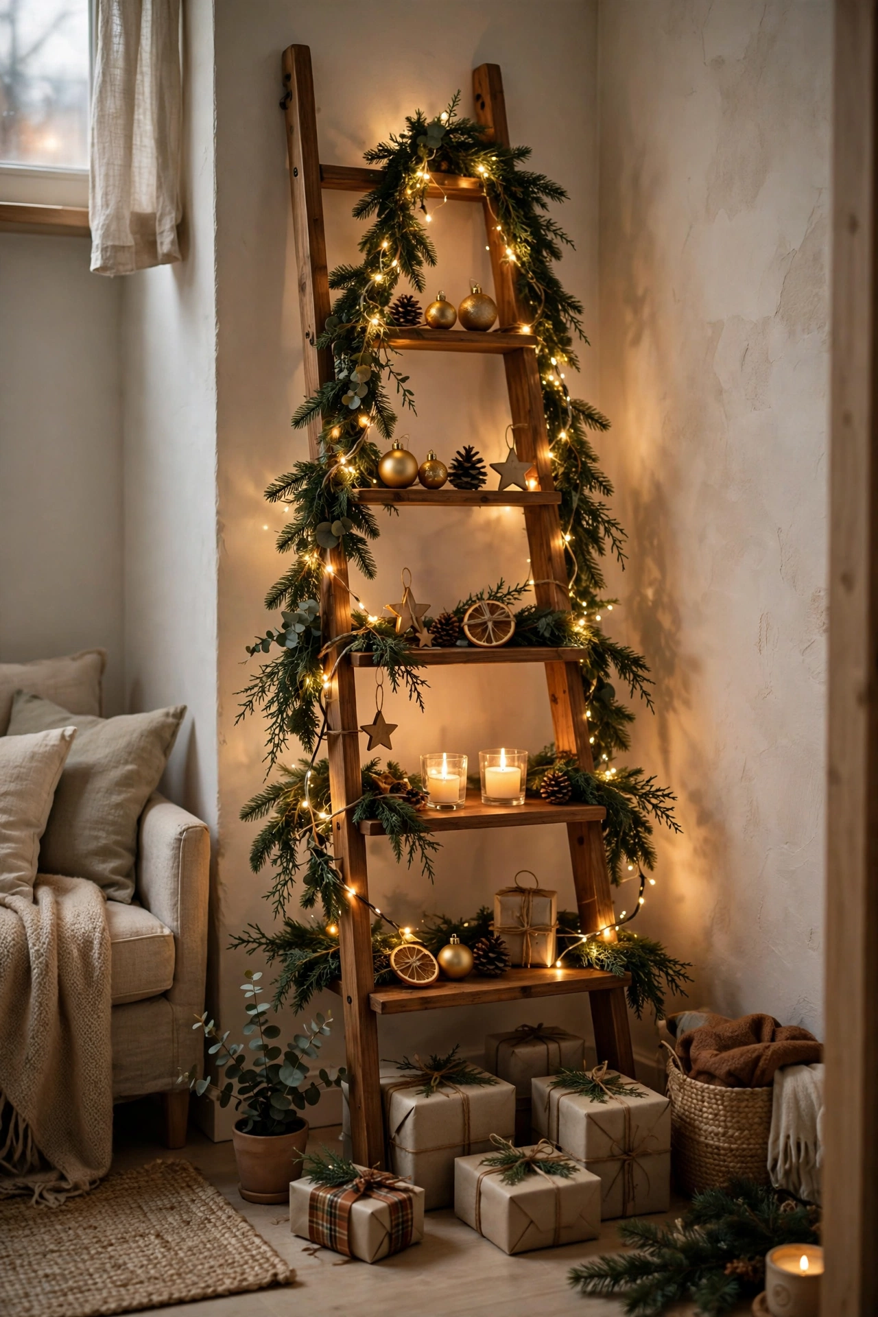 Ladder shelf Christmas tree in a tiny space