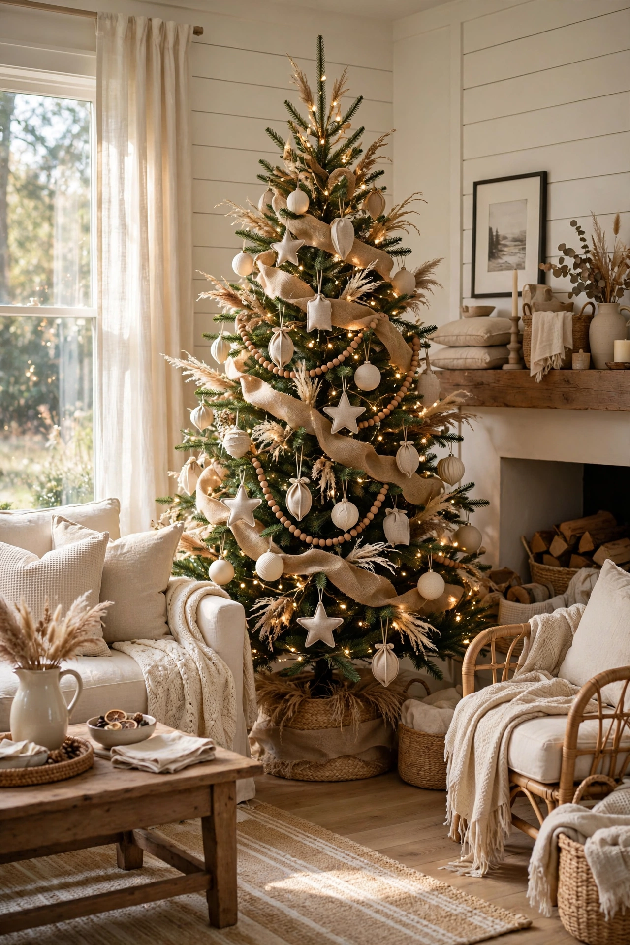 Neutral Christmas tree with linen and burlap textures