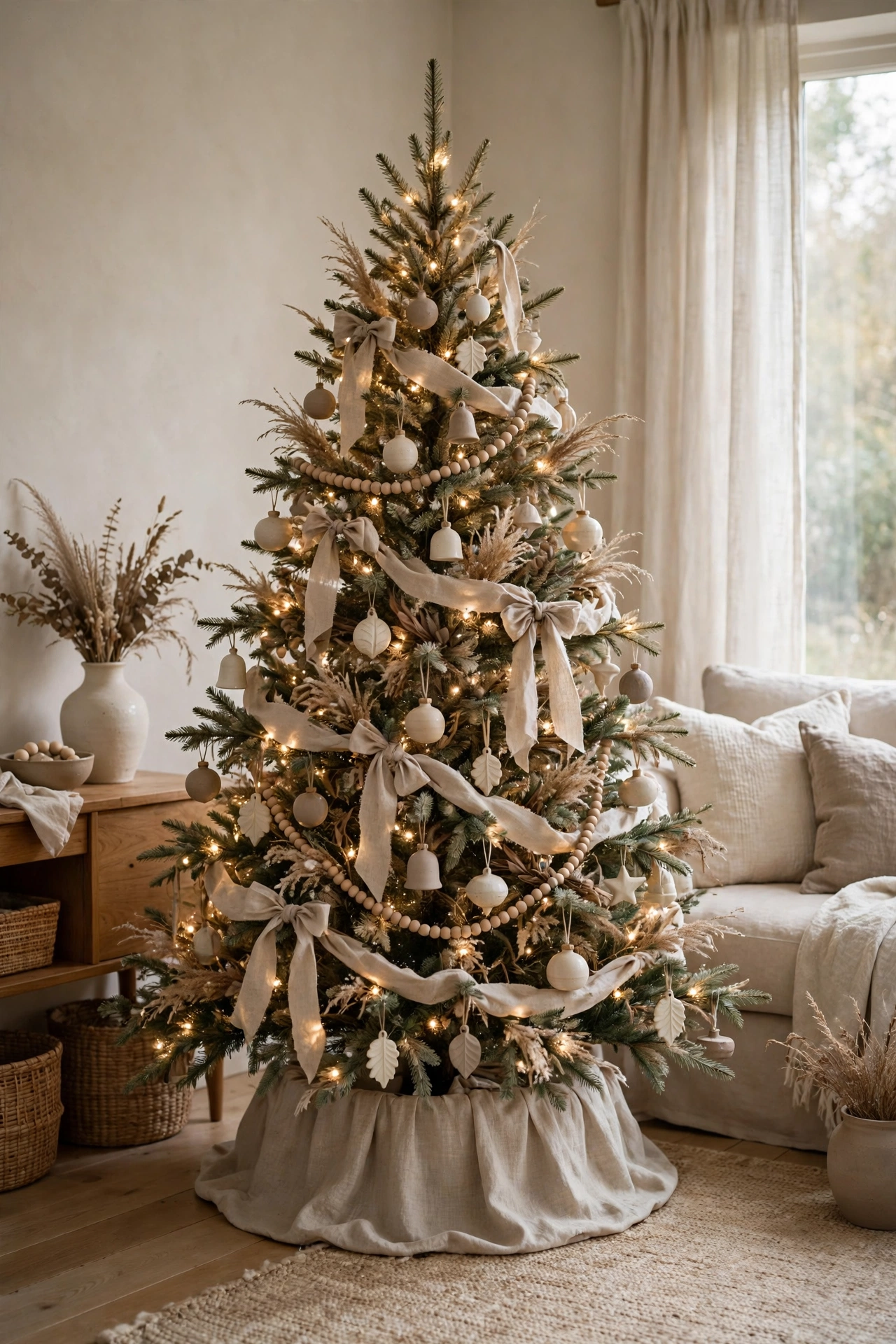 Linen and natural Christmas tree with organic ornaments