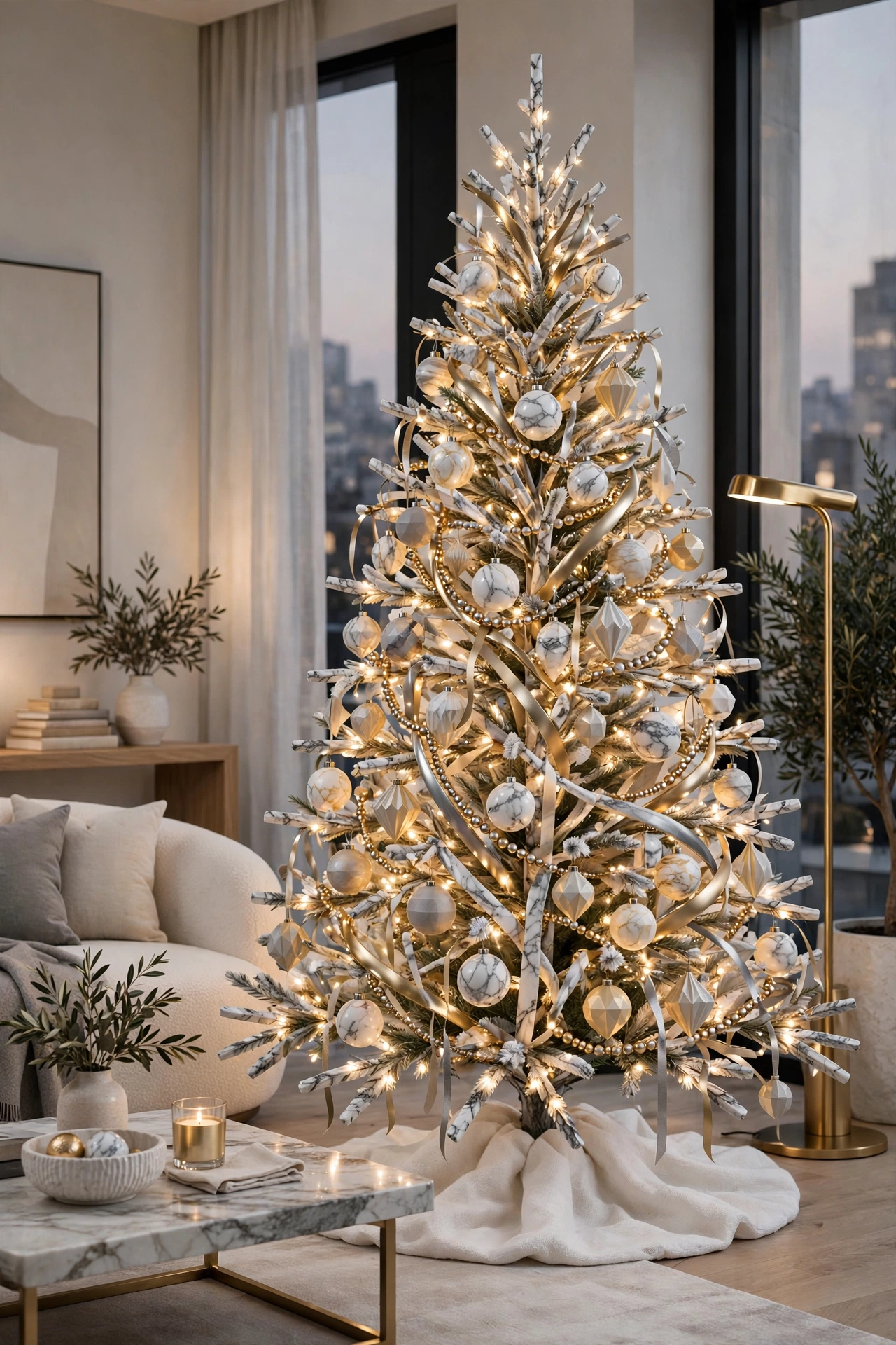 Marble and metallic modern Christmas tree with sleek ornaments