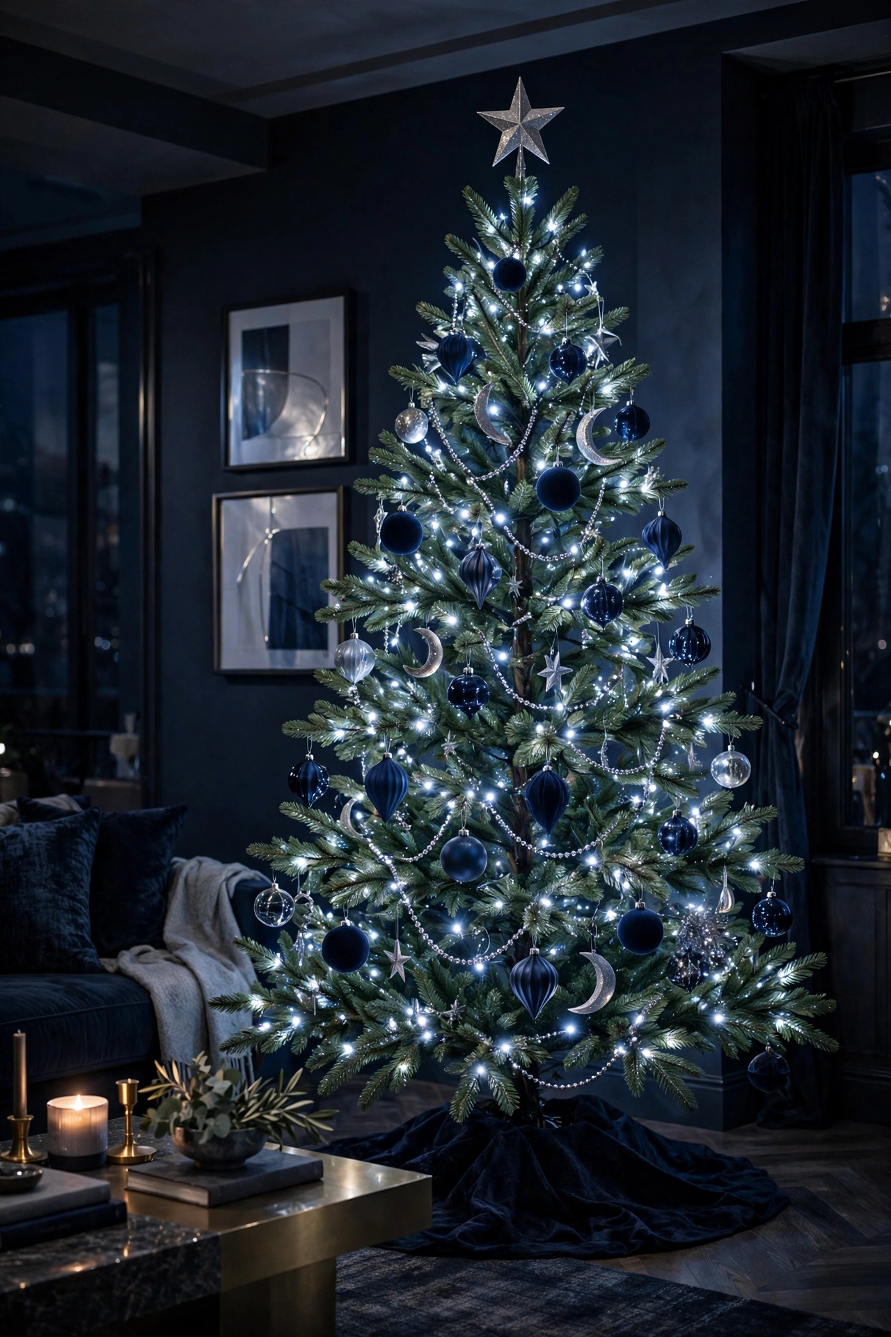 Midnight navy and silver Christmas tree with elegant ornaments