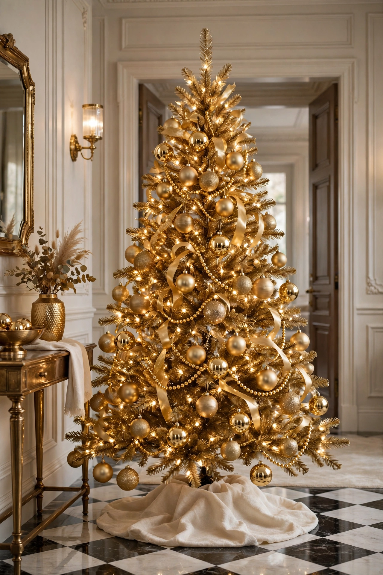 Monochrome gold metallic Christmas tree with gold ornaments