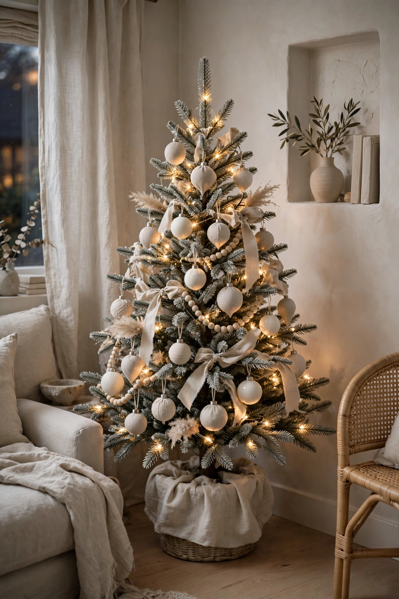 Monochrome neutral mini Christmas tree in a tiny space