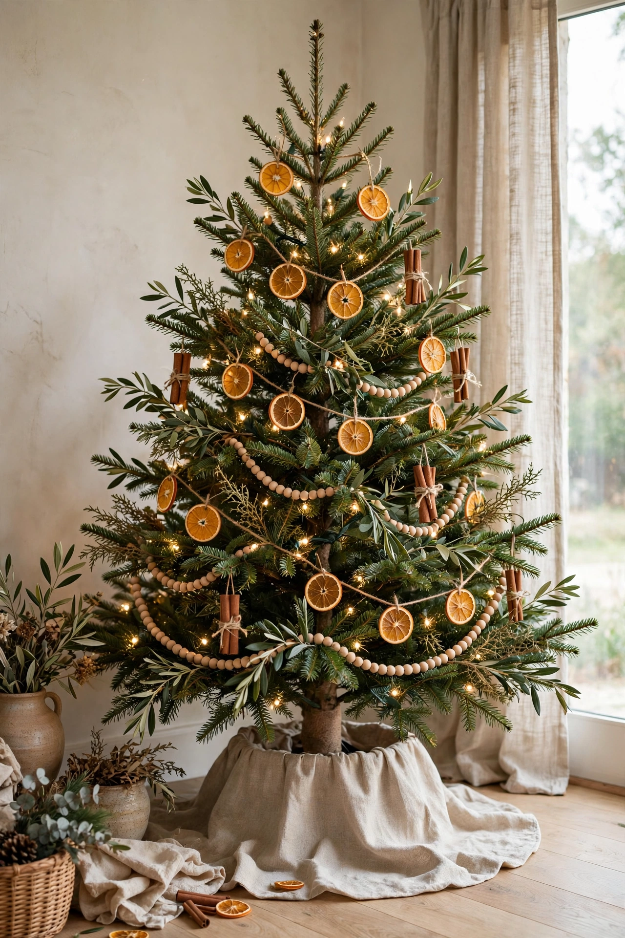 Natural Christmas tree with dried oranges and greenery