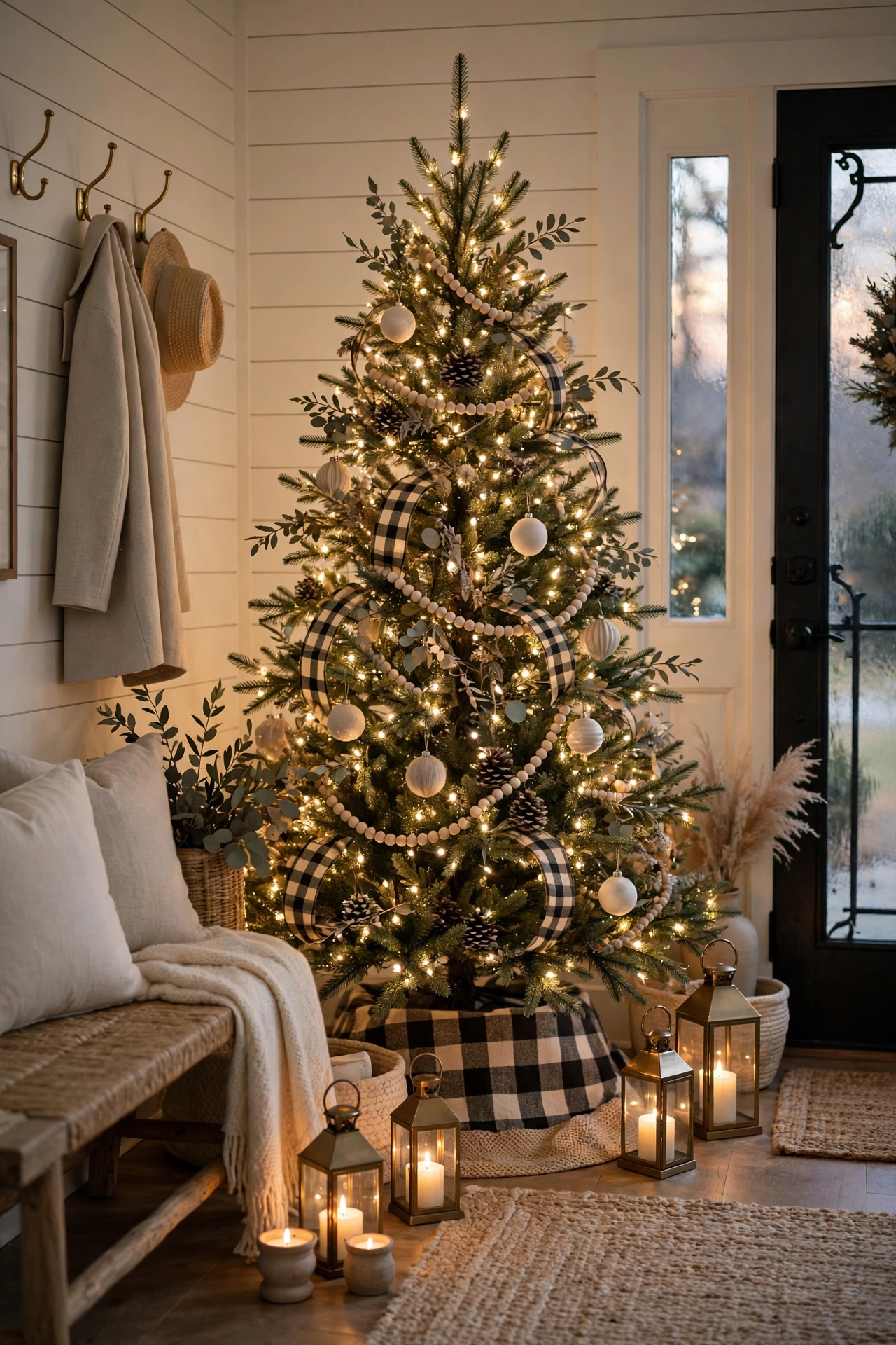 Neutral Christmas tree with candlelight and lanterns