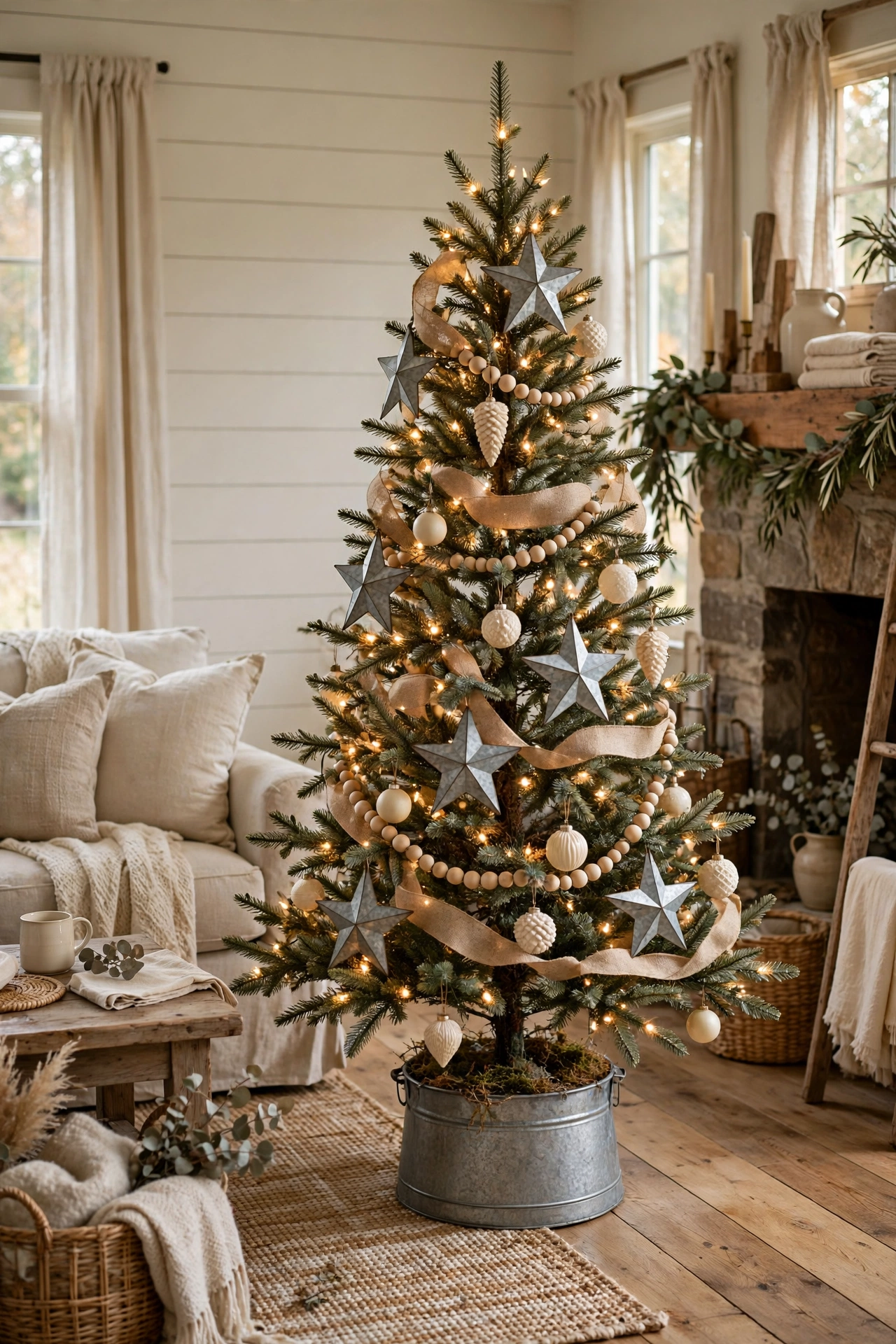 Neutral farmhouse Christmas tree with galvanized touches