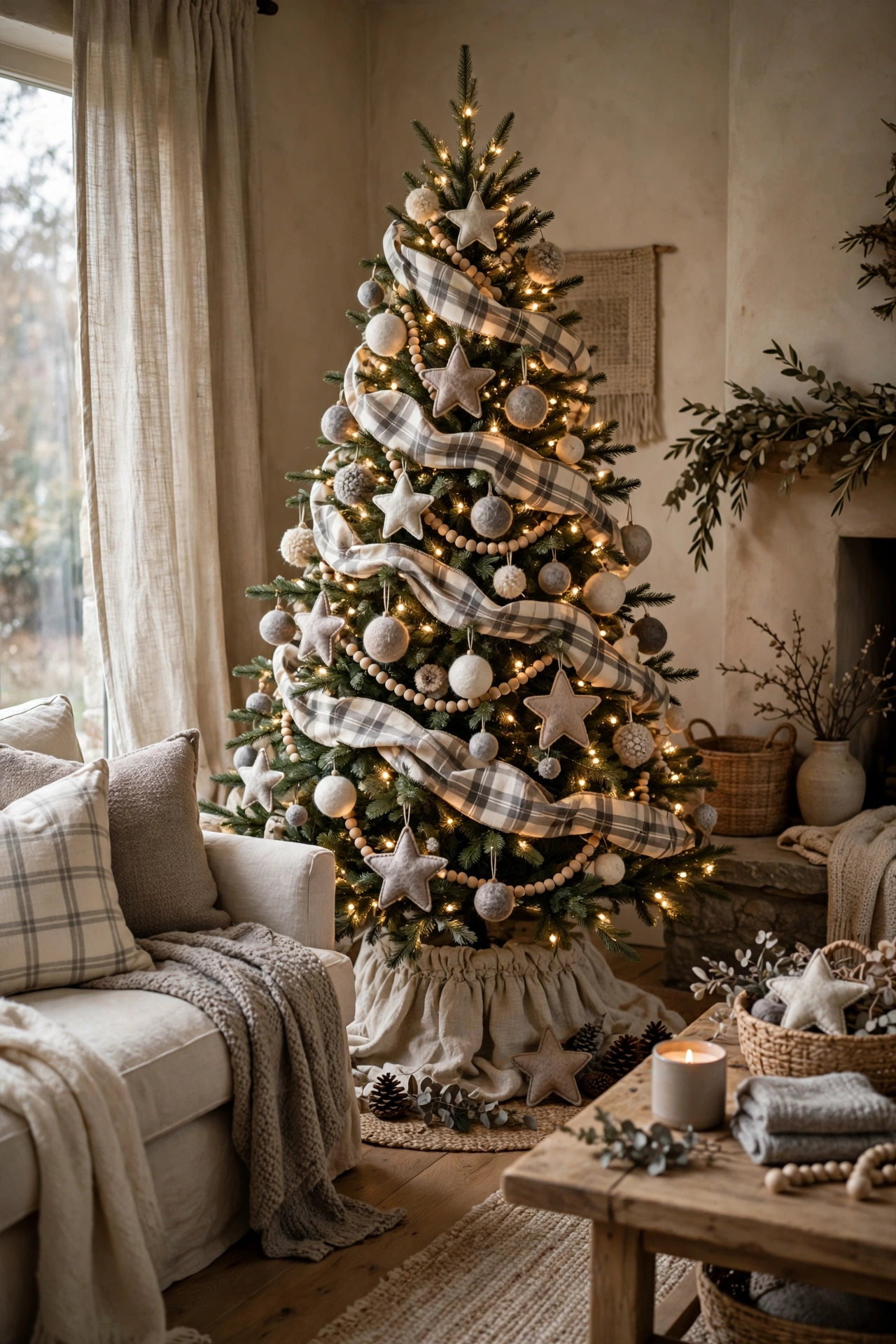 Neutral plaid and woolen Christmas tree with warm textures