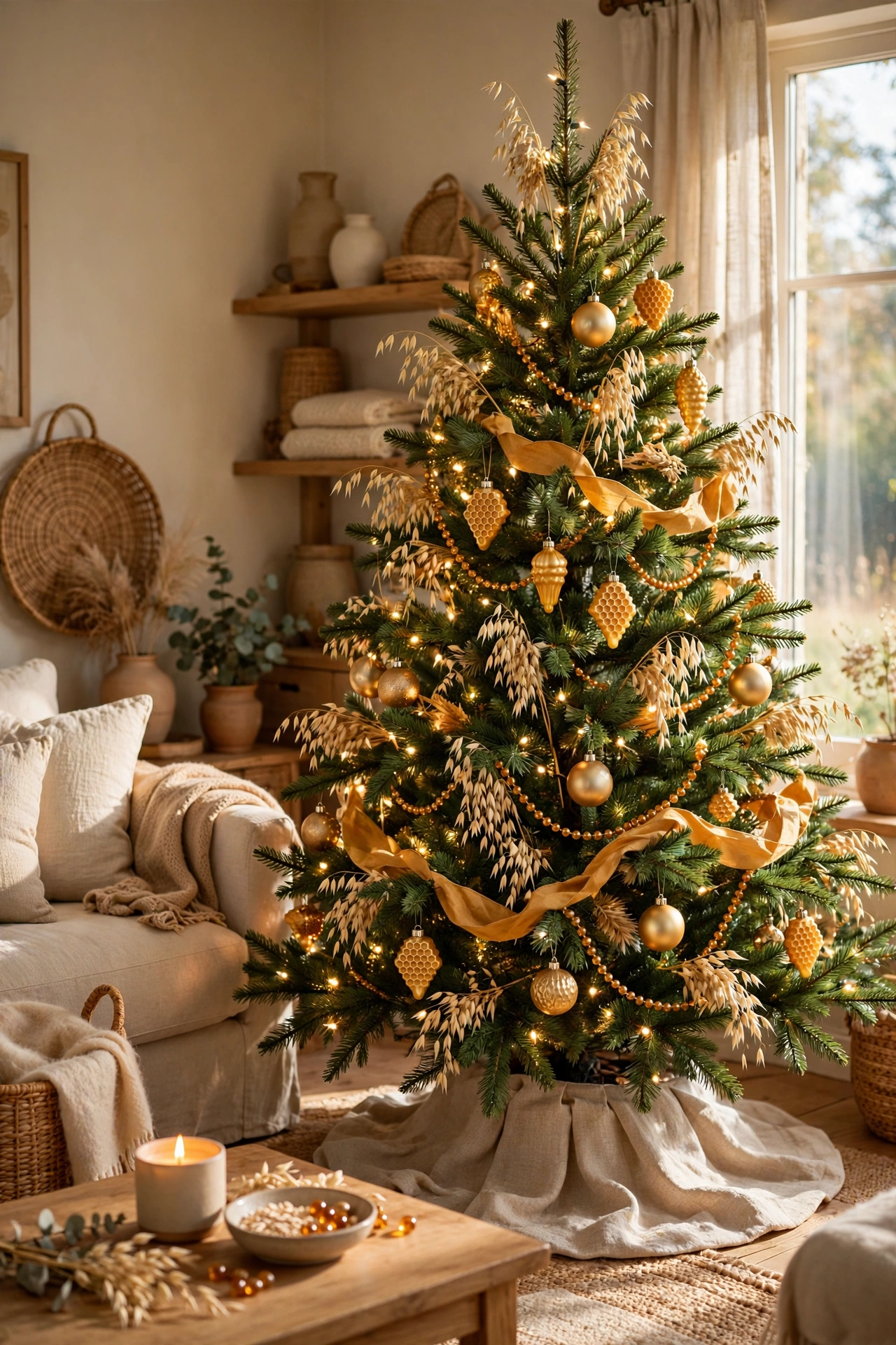 Oat and honey Christmas tree with soft glow