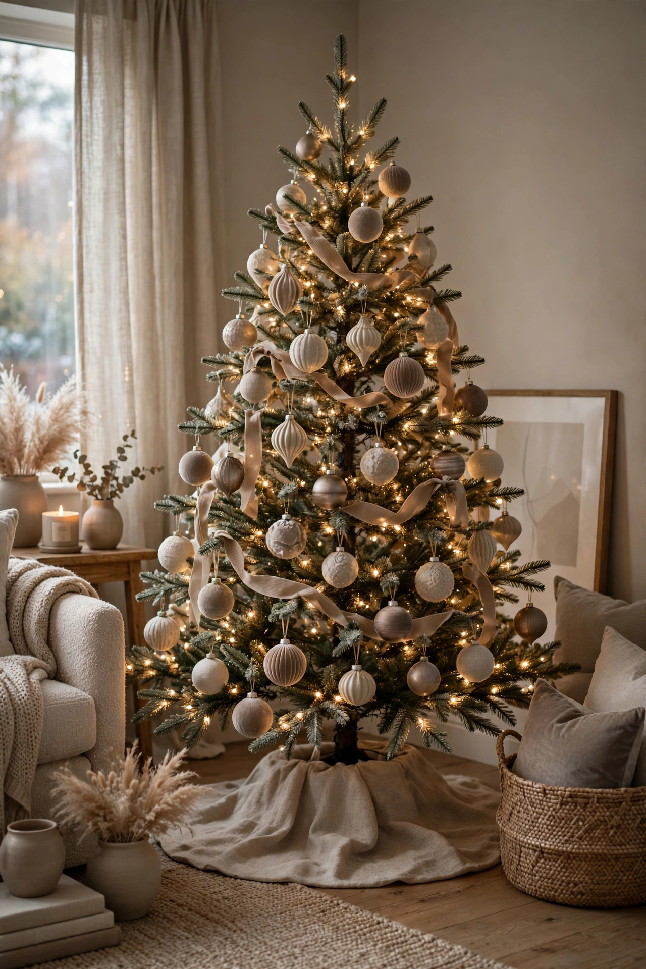 Oatmeal and taupe Christmas tree with soft ornaments