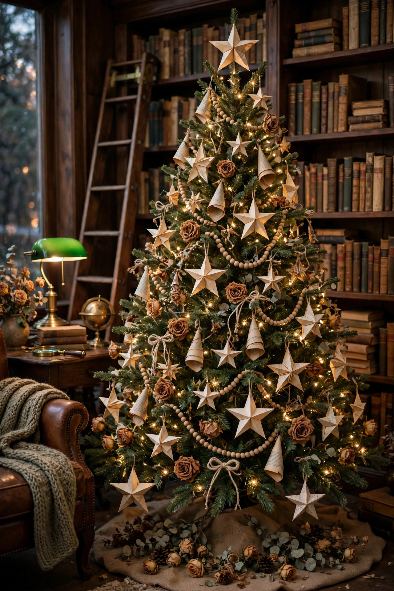 Old books and sheet music vintage Christmas tree