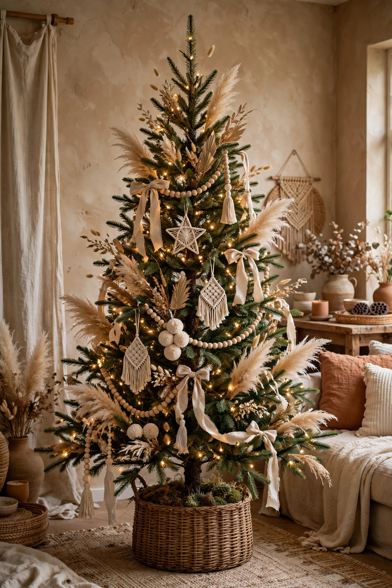 Boho neutral Christmas tree with pampas and dried grasses