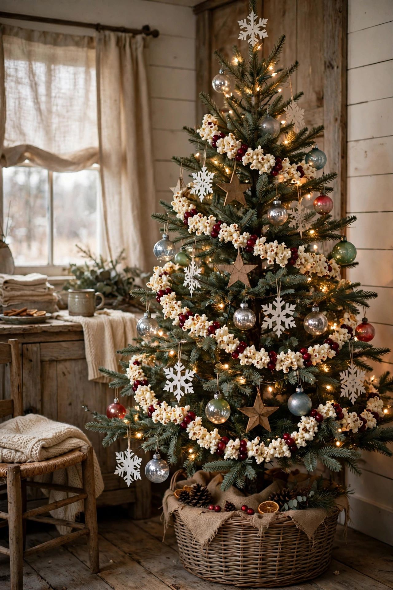 Old-fashioned popcorn and cranberry garland on a vintage Christmas tree
