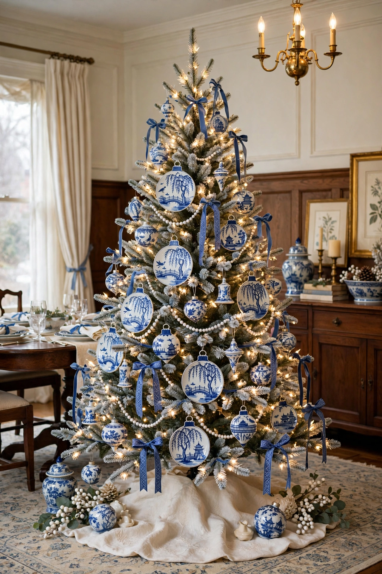 Porcelain and blue willow Christmas tree with classic ornaments
