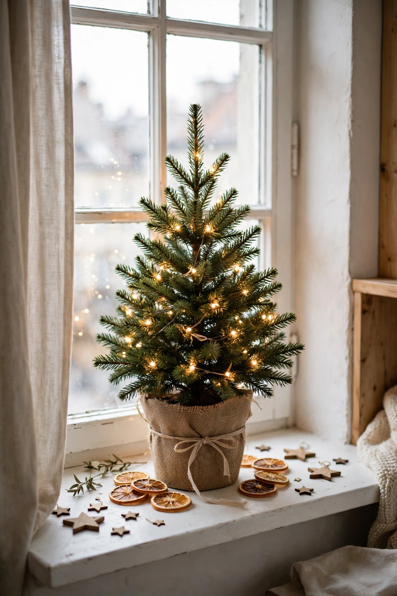 Potted evergreen Christmas tree with lights in a small space