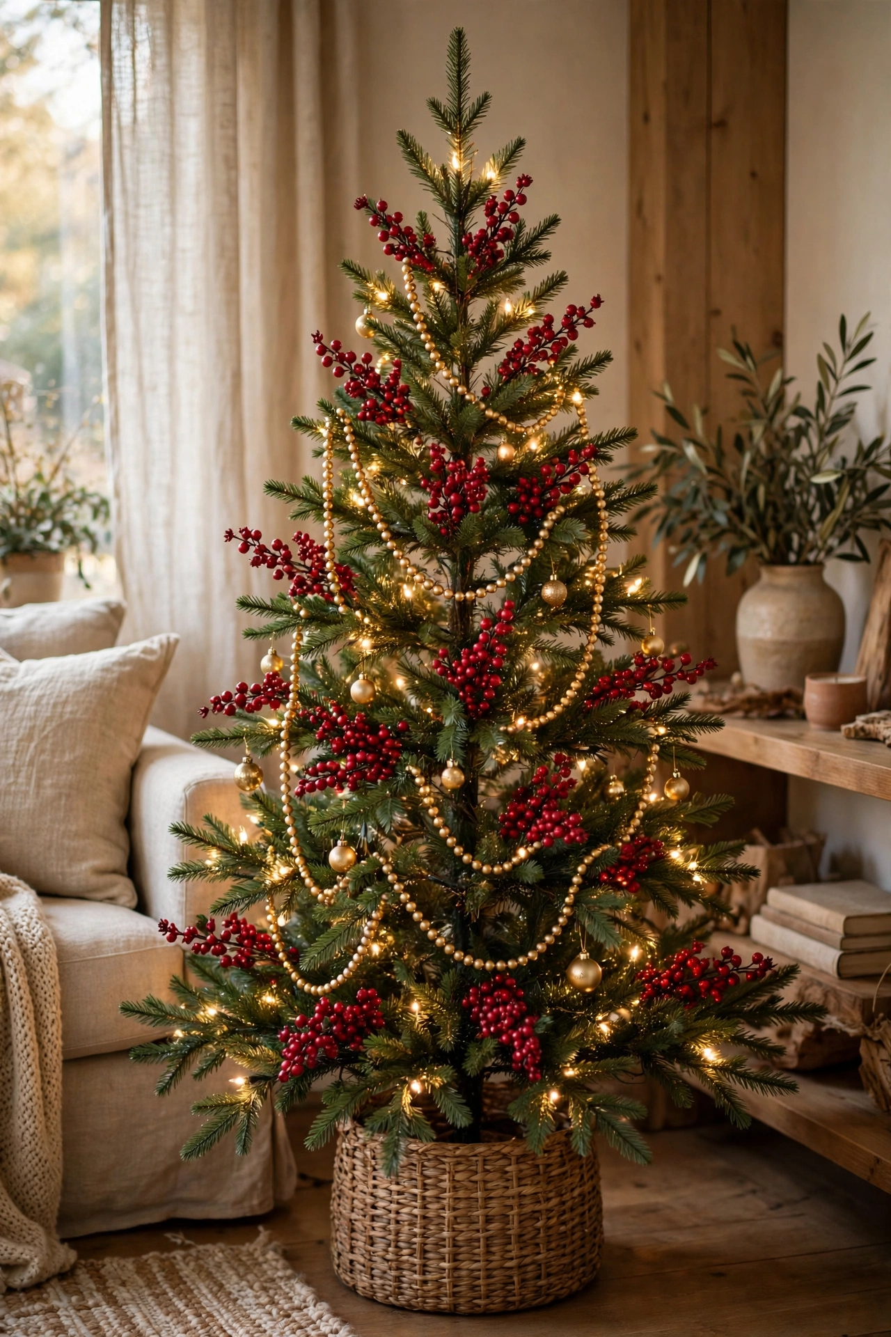 Red berries and gold beads Christmas tree with warm lights