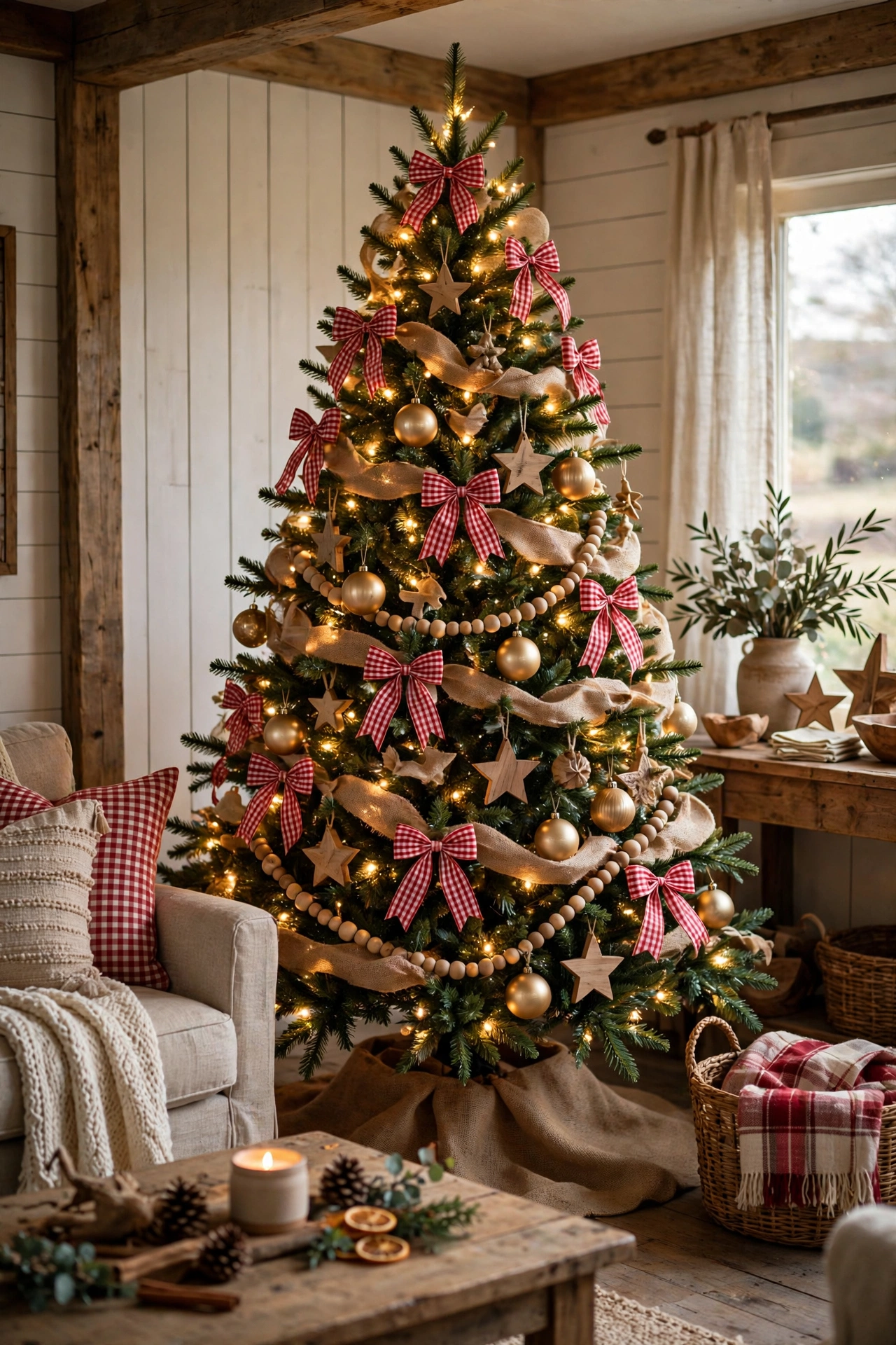 Red and gold Christmas tree with burlap and wood
