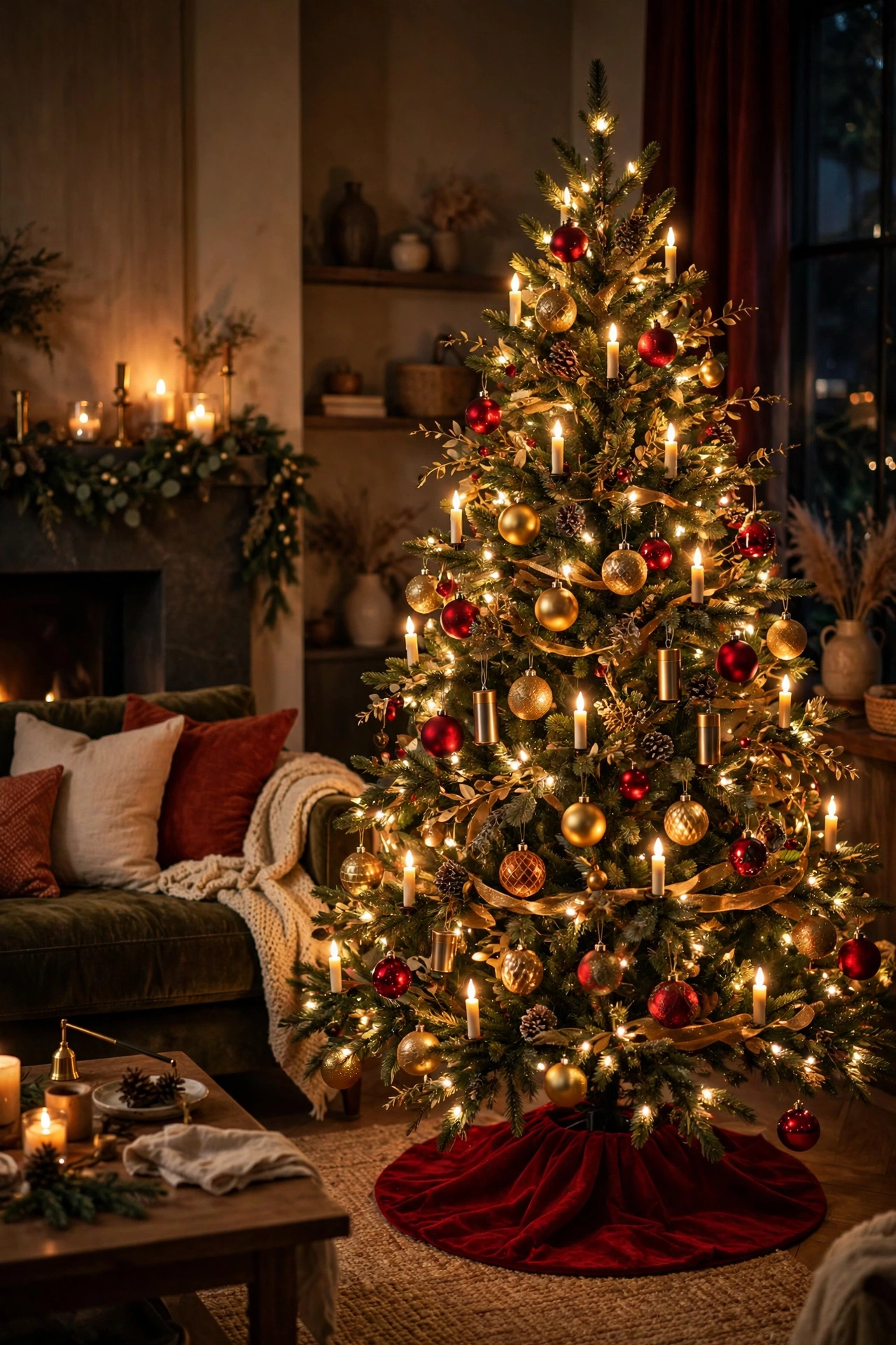 Red and gold Christmas tree with candlelight glow