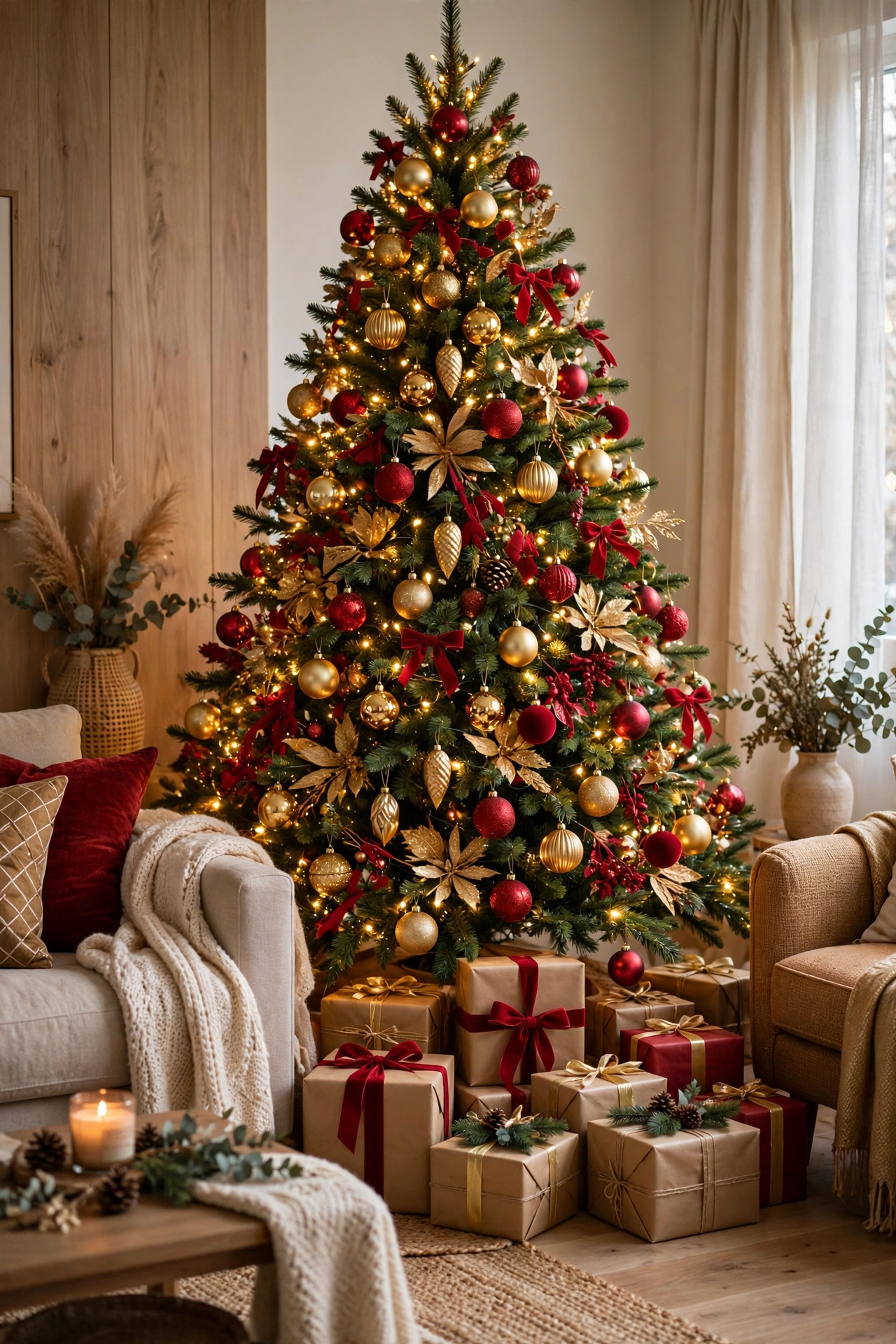 Red and gold Christmas tree with coordinated gift wrap