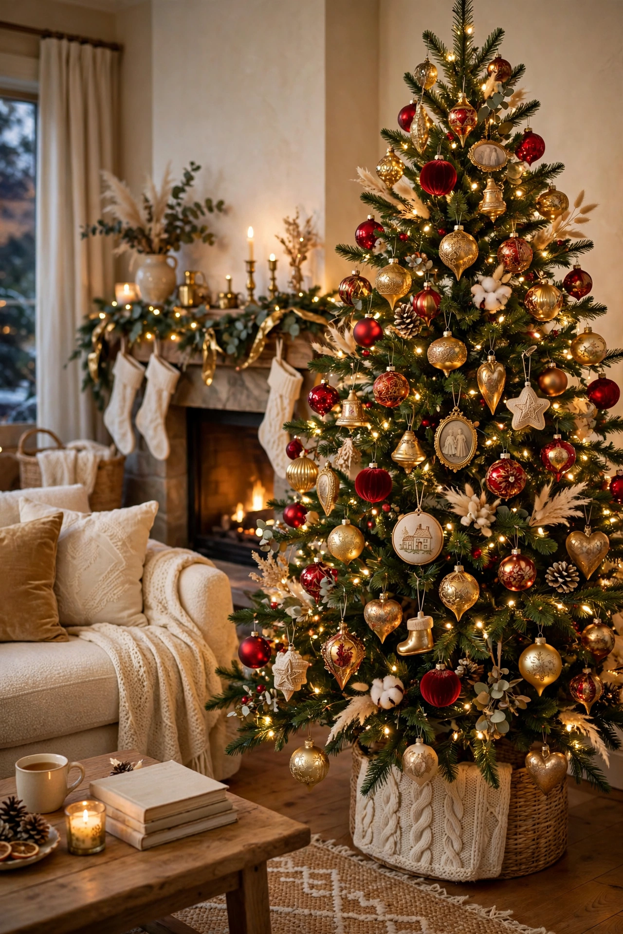 Red and gold Christmas tree with heirloom ornaments
